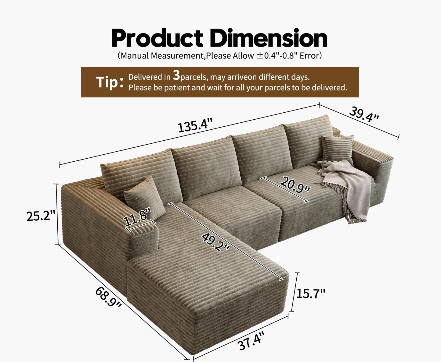 107.5" Cloud Modular Sectional Sofa with 1 Ottoman,Modern Minimalist Upholstered Couches, Comfort U Shaped Sofa for Living Room,Deep Seat Corner Couch,No Assembly Required (Black,Left Facing Chaise)