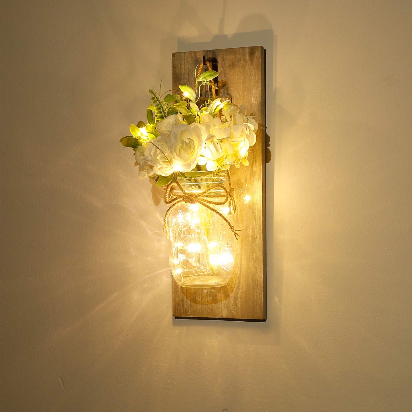 Rustic Wall Sconces Mason Jar Sconces Handmade Wall Art Hanging Design with Remote Control LED Fairy Lights and White Peony,Christmas Decor Gift Farmhouse Wall Home Decor Living Room Lights Set of Two