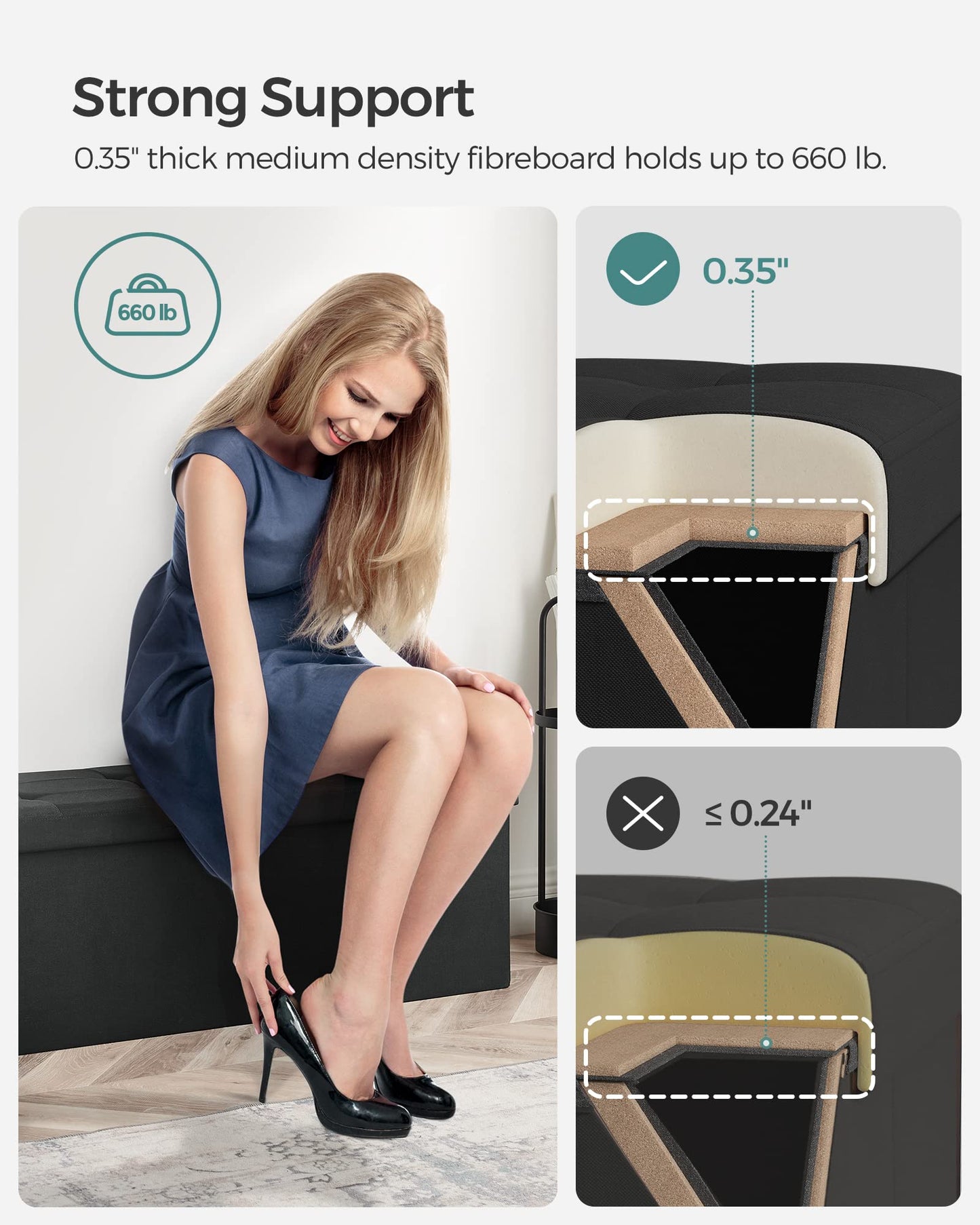 SONGMICS MAZIE Collection - 43 Inches Folding Storage Ottoman Bench, Ottoman Foot Rest, End of Bed Bench, Storage Chest, Load 660 lb, for Living Room, Bedroom, Entryway, Midnight Blue ULSF77IN