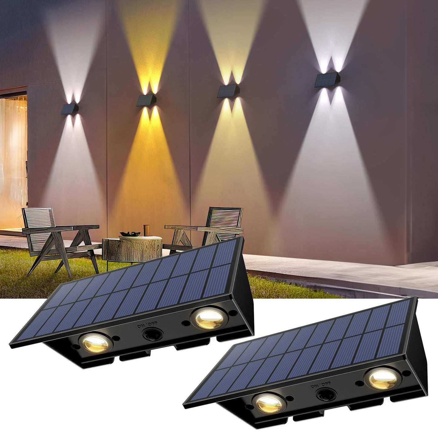 Solar Fence Lights,6Pack Solar Lights Outdoor Warm White + RGB Up & Down Waterproof 100 Lumens Dusk to Dawn Large Solar Wall Lights for Backyard/Pool/Railing/Patio/Porch/Step/Wall