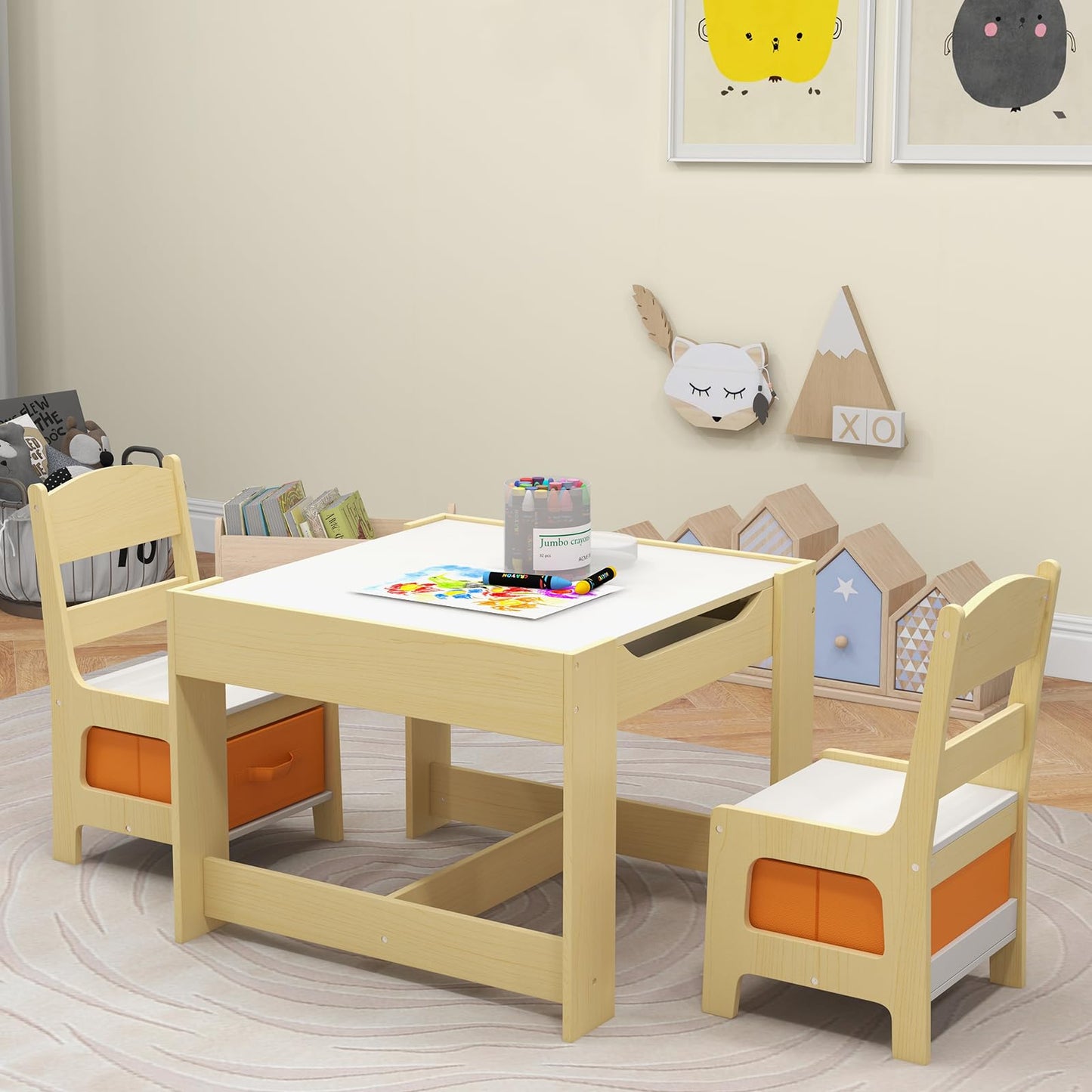 Costzon Kids Table and Chairs, 4 in 1 Wooden Activity Desk Set w/Reversible Tabletop, Bookshelves & Storage Drawers for Drawing, Reading, Crafts, Playing, Toddler Table and Chair Set