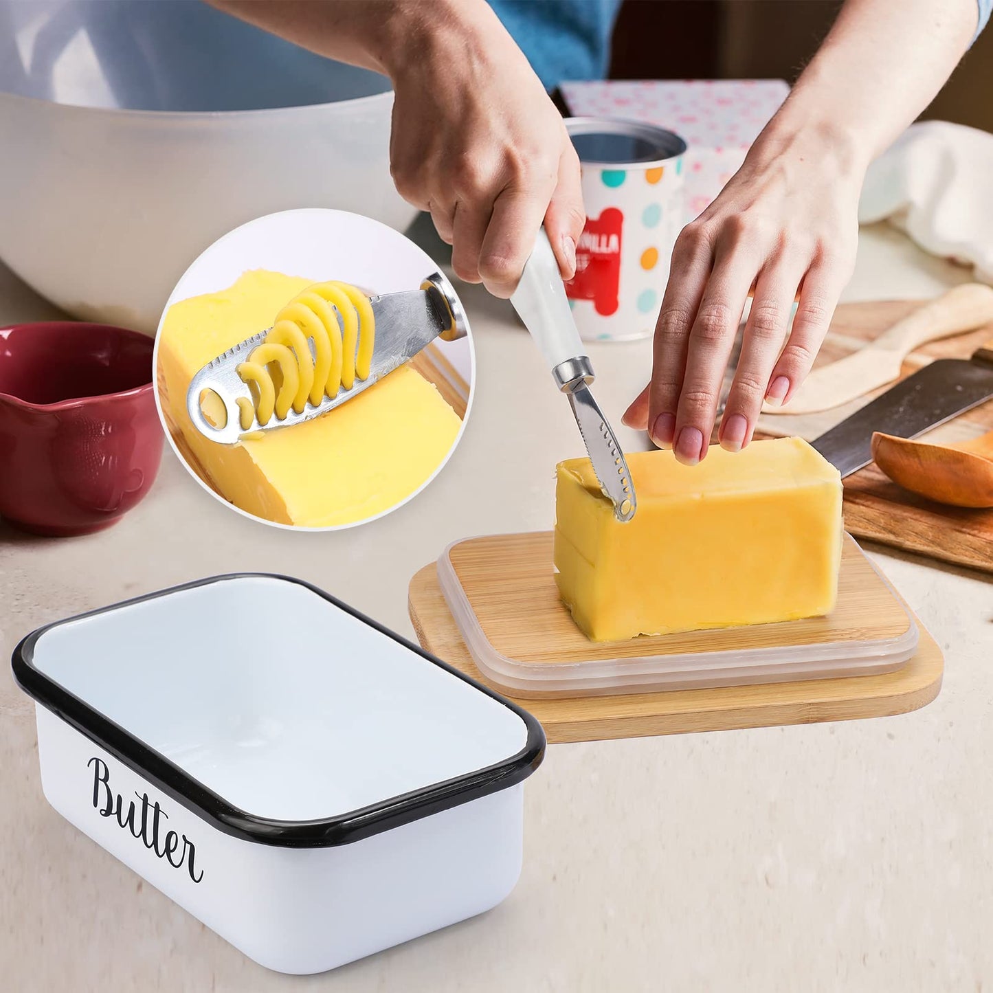 Butter Dish with Lid and Butter Curler Knife - Unbreakable Stainless Steel Keeper Container with Double Silicone Sealing, for Kitchen Farmhouse Decor