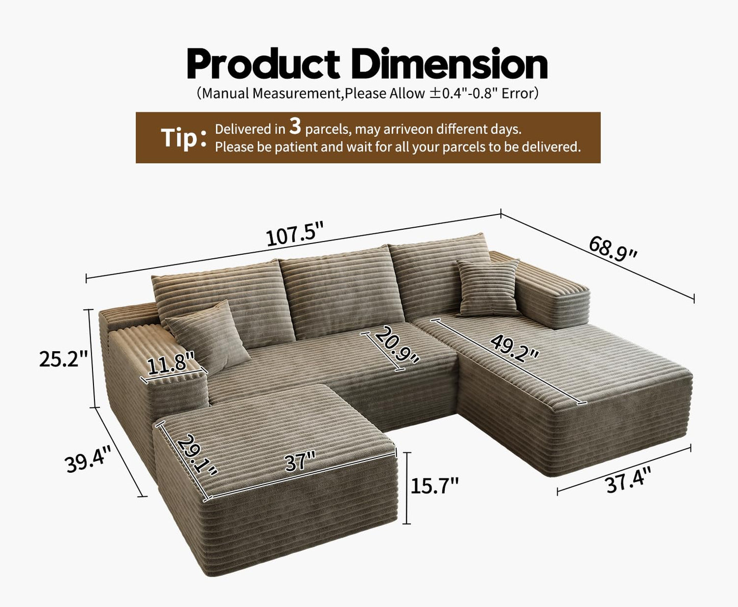 107.5" Cloud Modular Sectional Sofa with 1 Ottoman,Modern Minimalist Upholstered Couches, Comfort U Shaped Sofa for Living Room,Deep Seat Corner Couch,No Assembly Required (Black,Left Facing Chaise)