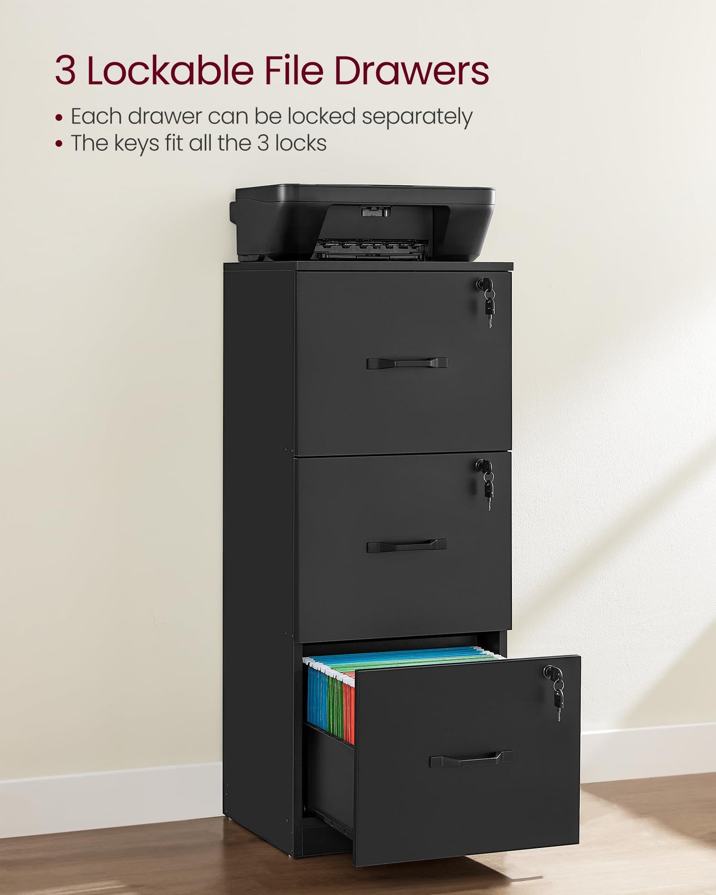 VASAGLE 3-Drawer Vertical File Cabinet, Rustic Brown and Black, for Home Office and Bedroom, A4 and Letter-Size Files, Lockable Drawers