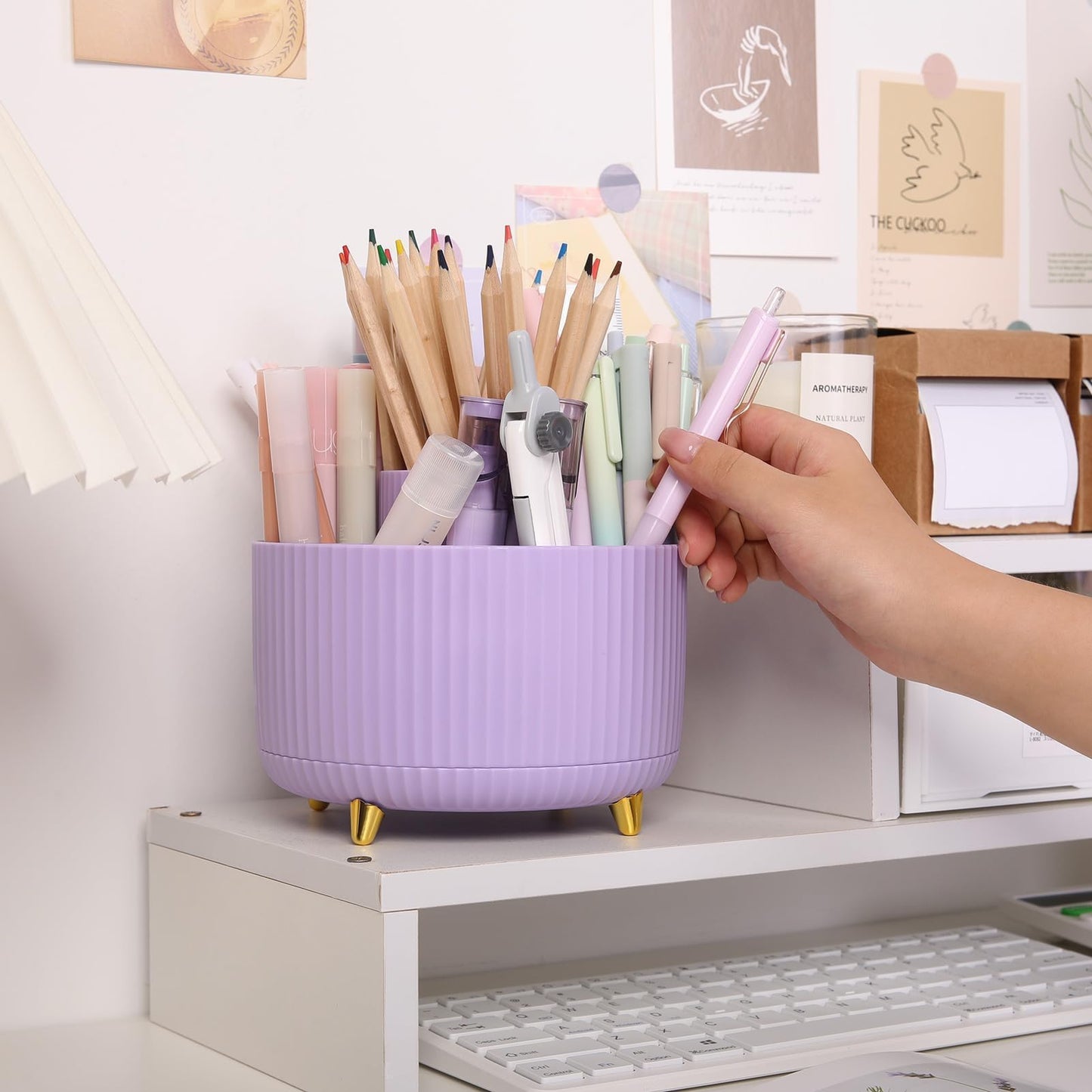 SKYDUE 360 Rotating Plastic Desk Pen Organizer with 5 Slots, Dual-Purpose Art Supply Pencil Cup for Office, School, Home