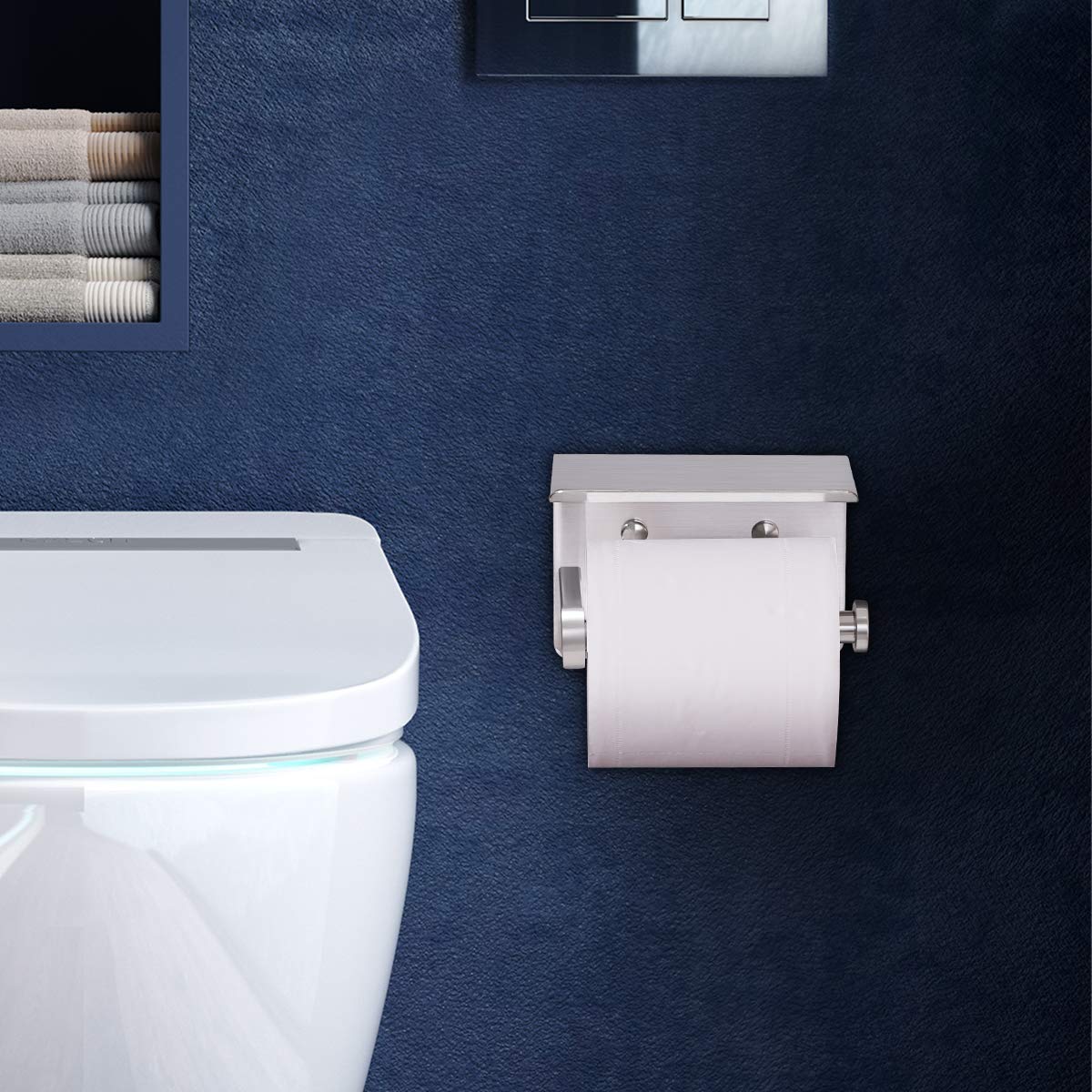 VAEHOLD Self Adhesive Toilet Paper Holder with Phone Shelf Stainless Steel Wall Mounted Toilet Paper Roll Holder - Rustproof and Bathroom Washroom Tissue Roll Holder with Shelf - Black