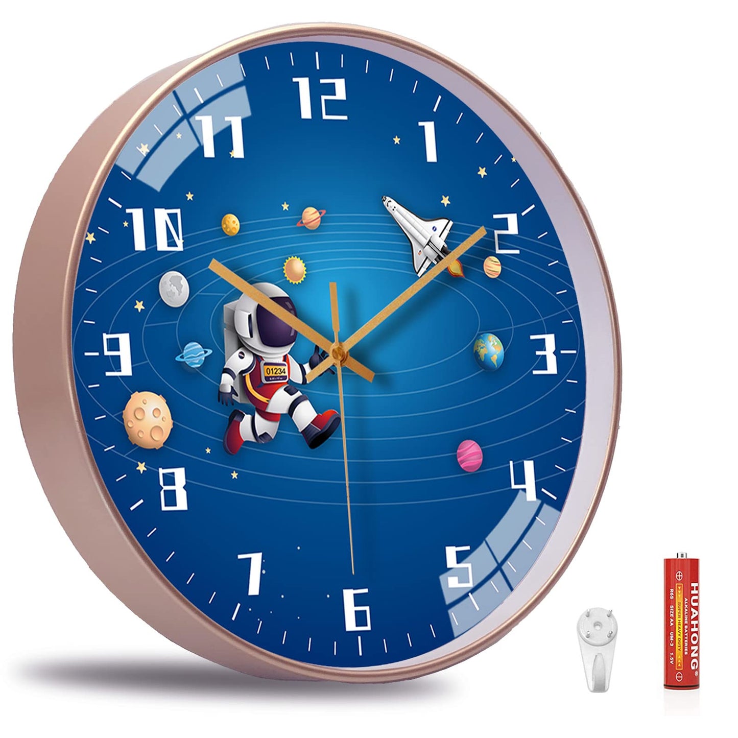 12 Inch Silent Movement Kids Wall Clock, Non Ticking Children Round Wall Clock Battery Operated Space Travel Style Decor Children Clock for School Boys Bedroom Living Room Space Decor (Blue)
