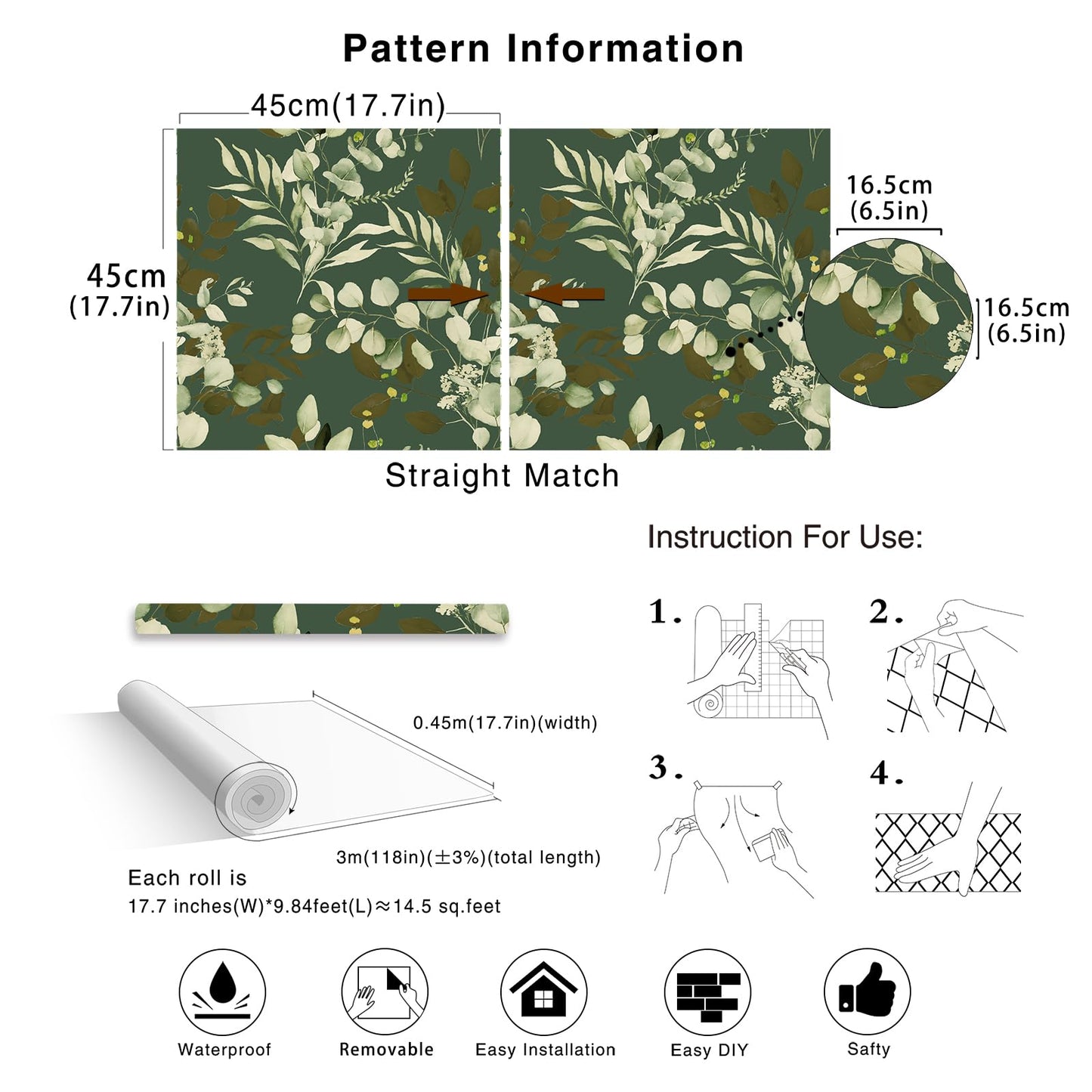 HAOKHOME Peel and Stick Wallpaper Boho Green/White Eucalyptus Leaf Floral Wall Mural Home Nursery Decor Renter Friendly Wallpaper 17.3in x 9.8ft