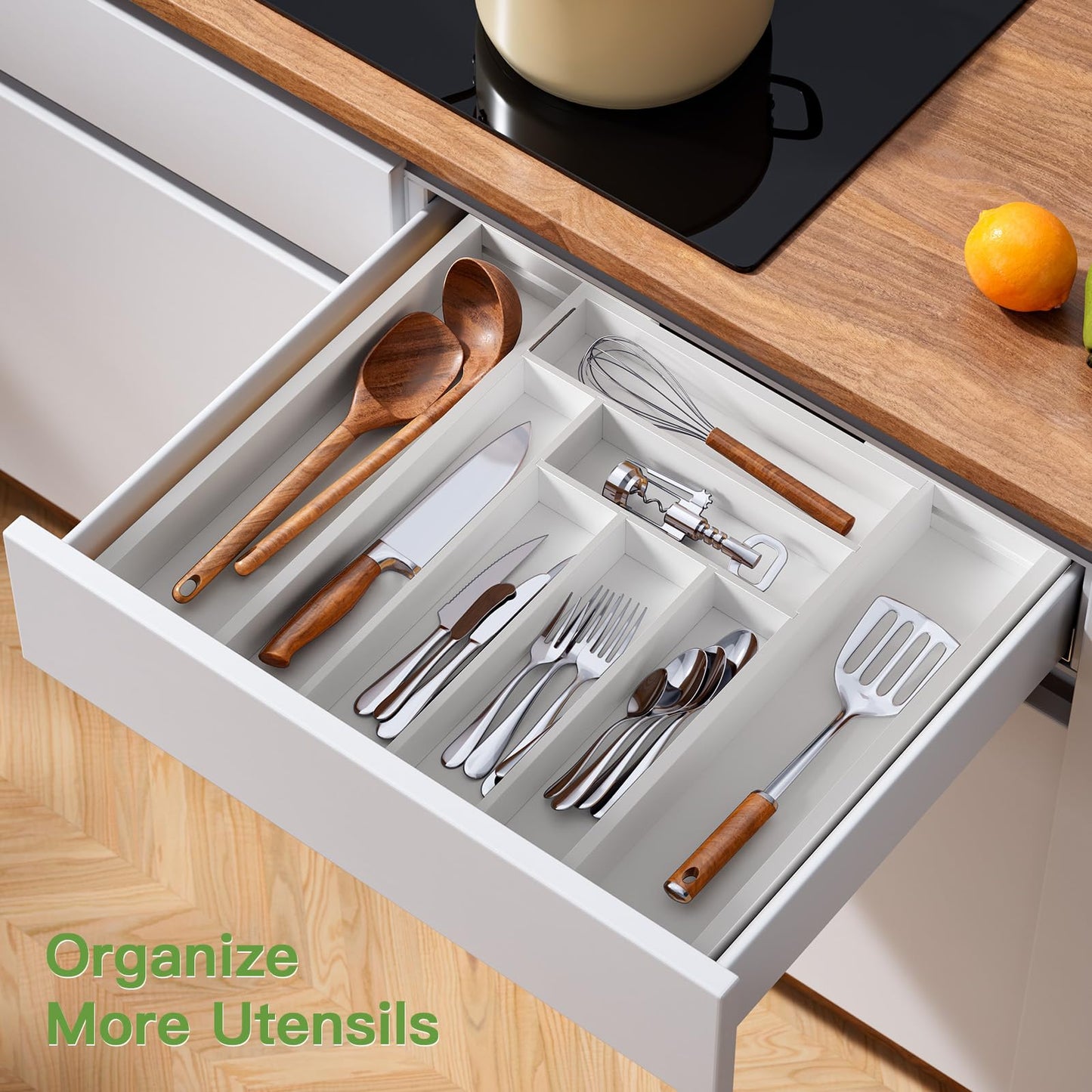 Pipishell Bamboo Expandable Drawer Organizer for Utensils Holder, Adjustable Cutlery Tray, Wood Drawer Dividers Organizer for Silverware, Flatware, Knives in Kitchen, Bedroom, Living Room