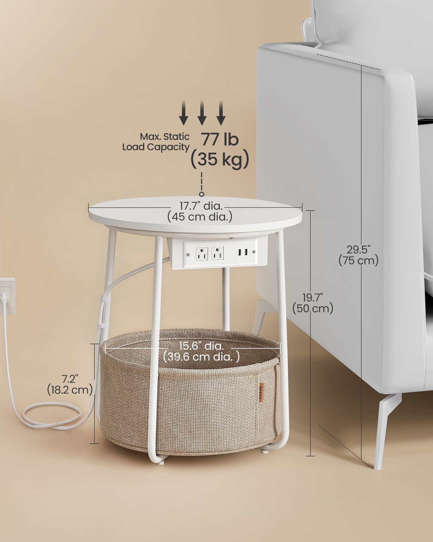 VASAGLE Side Table with Charging Station, Round End Table With Fabric Basket, Nightstand with Power Outlets USB Ports, for Living Room, Bedroom, Modern, Ebony Black and Slate Gray ULET228B01
