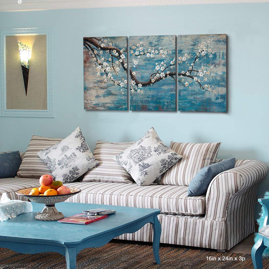 3 Piece Wall Art Hand-Painted Framed Flower Oil Painting On Canvas Gallery Wrapped Modern Floral Artwork for Living Room Bedroom Décor Teal Blue Lake Ready to Hang 12"x16"x3 panel