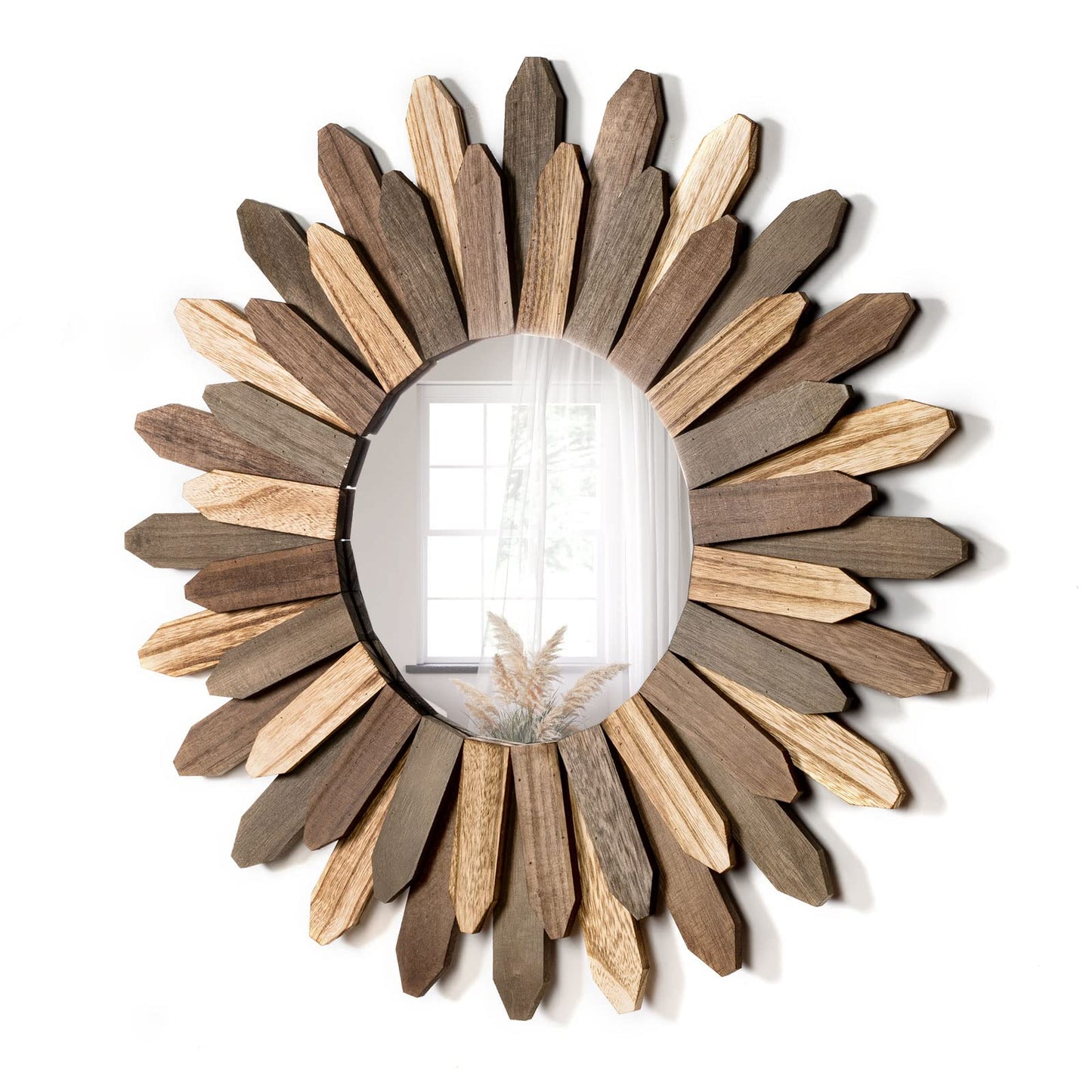Honiway Wall Mirror Decorative 12 inch Rustic Wood Mirror Sunburst Boho Mirror for Entryway Bedroom Living Room Bathroom House Warming Gifts New Home Essential Carbonized Black