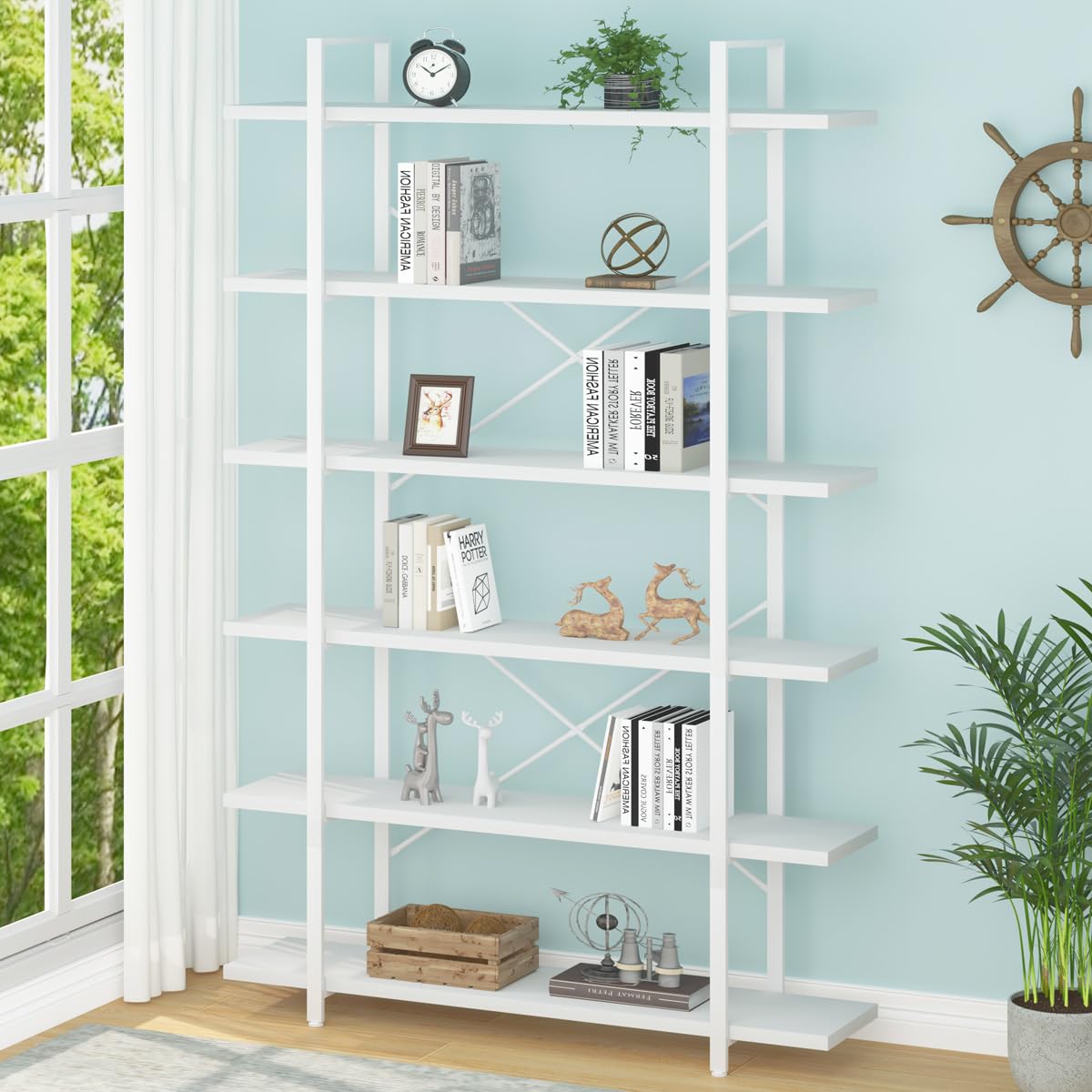 HSH Tall Bookcases and Book Shelves 6 Shelf, Metal Wooden Book Shelf and Storage Rack, Modern Etagere 6 Tier Bookshelf, Farmhouse Large Display Bookshelves for Bedroom Living Room Office, Rustic Oak