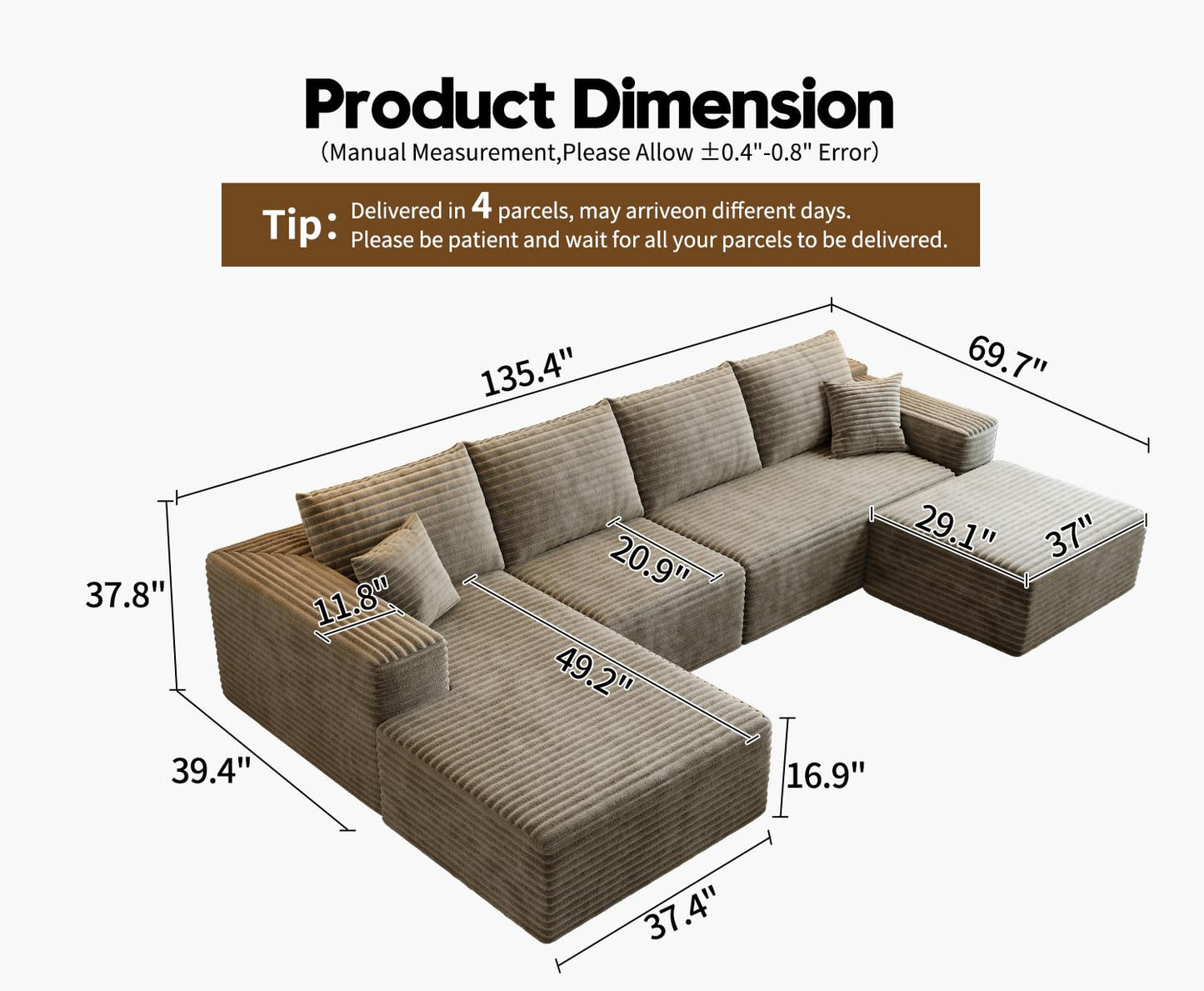 107.5" Cloud Modular Sectional Sofa with 1 Ottoman,Modern Minimalist Upholstered Couches, Comfort U Shaped Sofa for Living Room,Deep Seat Corner Couch,No Assembly Required (Black,Left Facing Chaise)