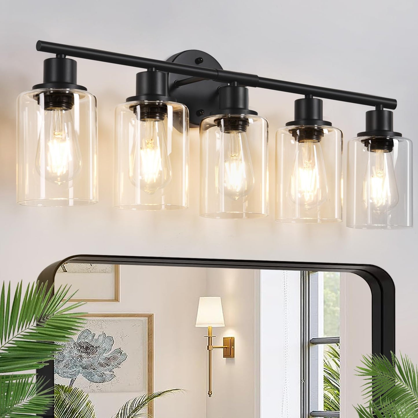 3-Light Bathroom Light Fixtures, Black Modern Vanity Lights with Clear Glass Shade, Bathroom Wall Lamp