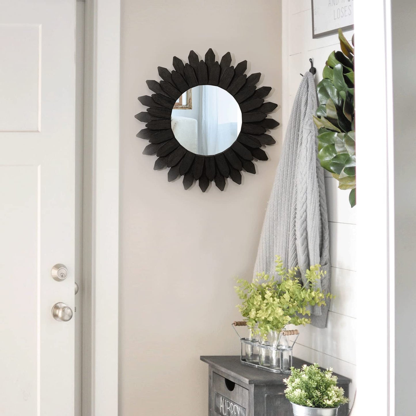Honiway Wall Mirror Decorative 12 inch Rustic Wood Mirror Sunburst Boho Mirror for Entryway Bedroom Living Room Bathroom House Warming Gifts New Home Essential Carbonized Black