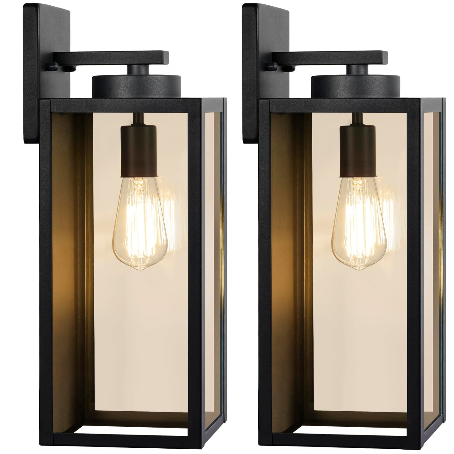 Outdoor Wall Light Fixtures, Exterior Waterproof Wall Lanterns, Porch Sconces Lighting with E26 Sockets & Glass Shades, Modern Matte Black Outside Lights for Patio Front Door Entryway Garage, 2-Pack
