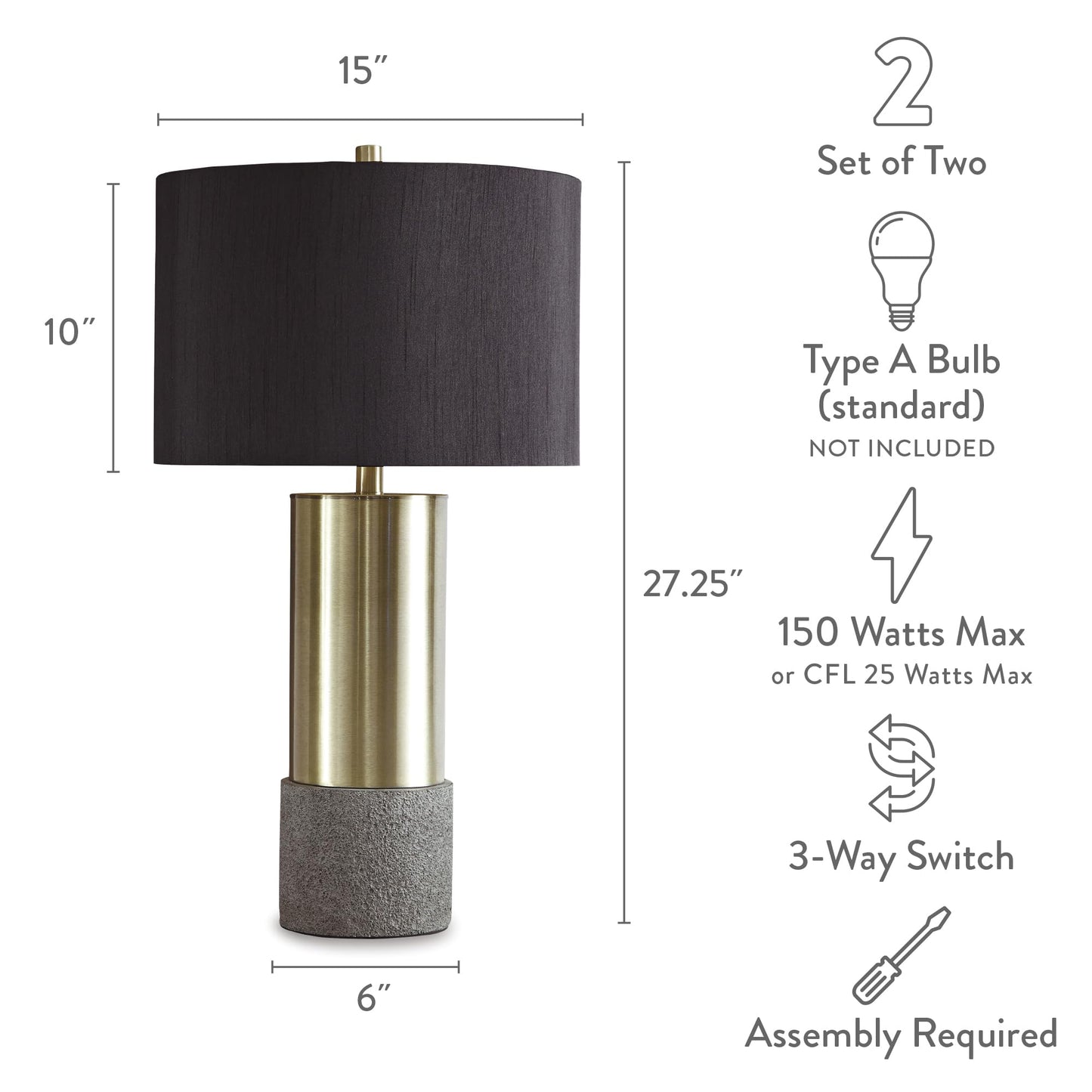 Signature Design by Ashley Jacek Modern Contemporary Table Lamp, 2 Count, Gray & Brass Finish