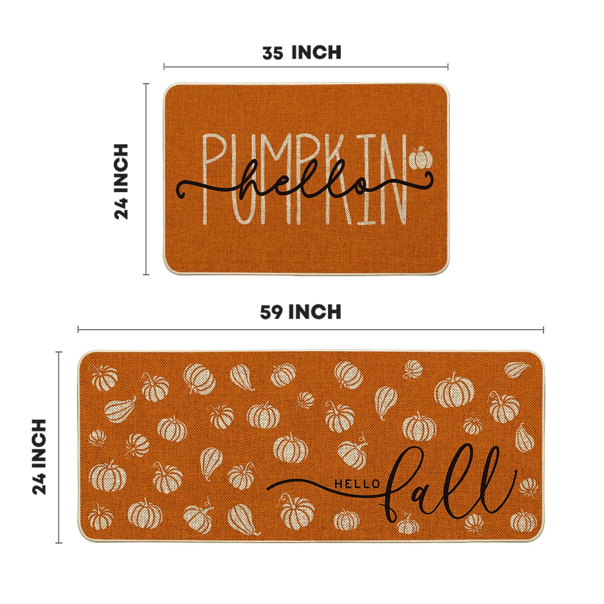 Artoid Mode Orange Hello Pumpkin Fall Kitchen Mats Set of 2, Autumn Home Decor Low-Profile Kitchen Rugs for Floor - 17x29 and 17x47 Inch