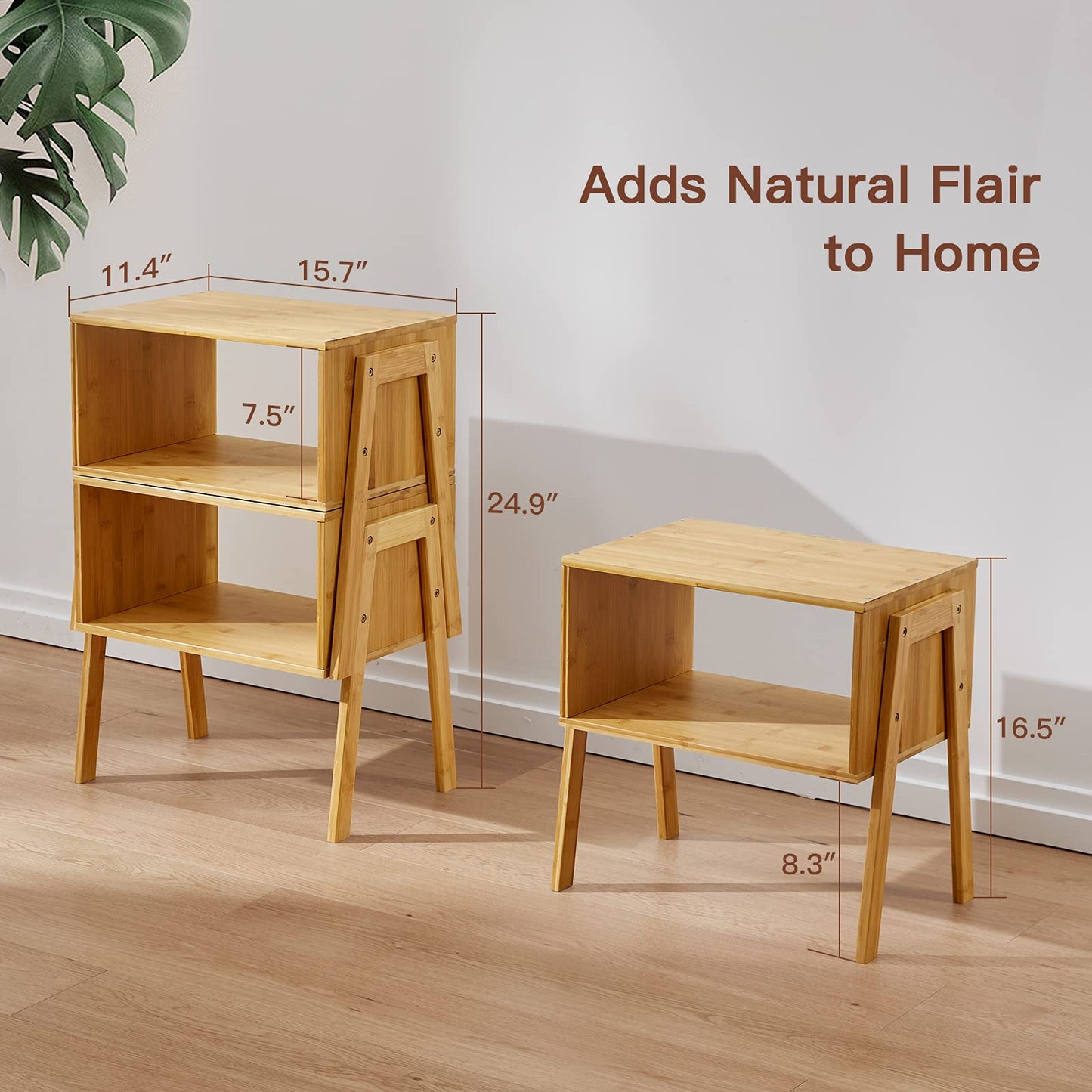 Pipishell Bamboo Stackable End Tables, Living Room Nightstand, Bedside Tables for Bedroom Storage, Set of 2