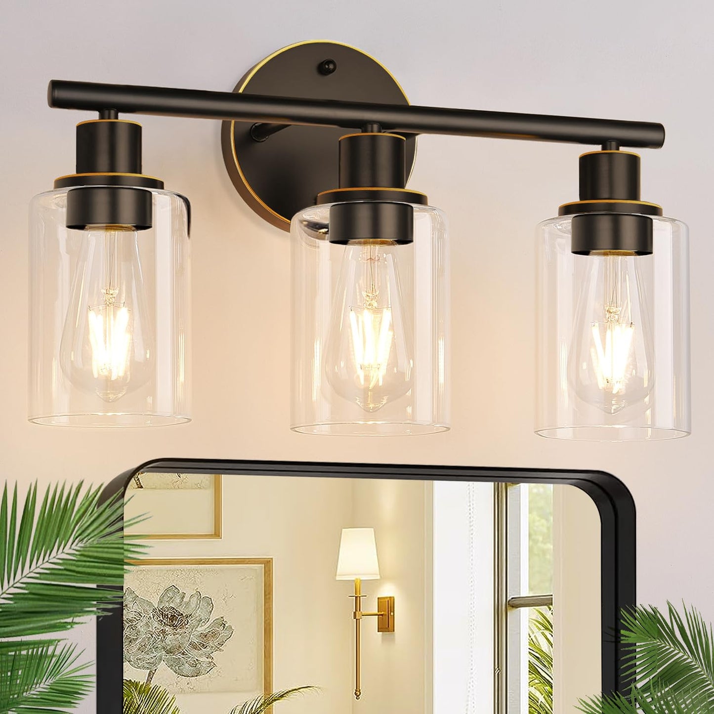 3-Light Bathroom Light Fixtures, Black Modern Vanity Lights with Clear Glass Shade, Bathroom Wall Lamp
