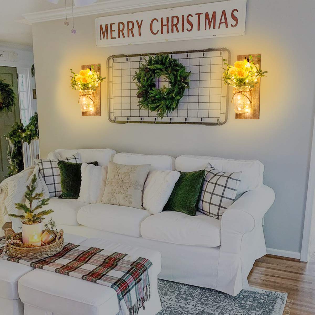 Rustic Wall Sconces Mason Jar Sconces Handmade Wall Art Hanging Design with Remote Control LED Fairy Lights and White Peony,Christmas Decor Gift Farmhouse Wall Home Decor Living Room Lights Set of Two