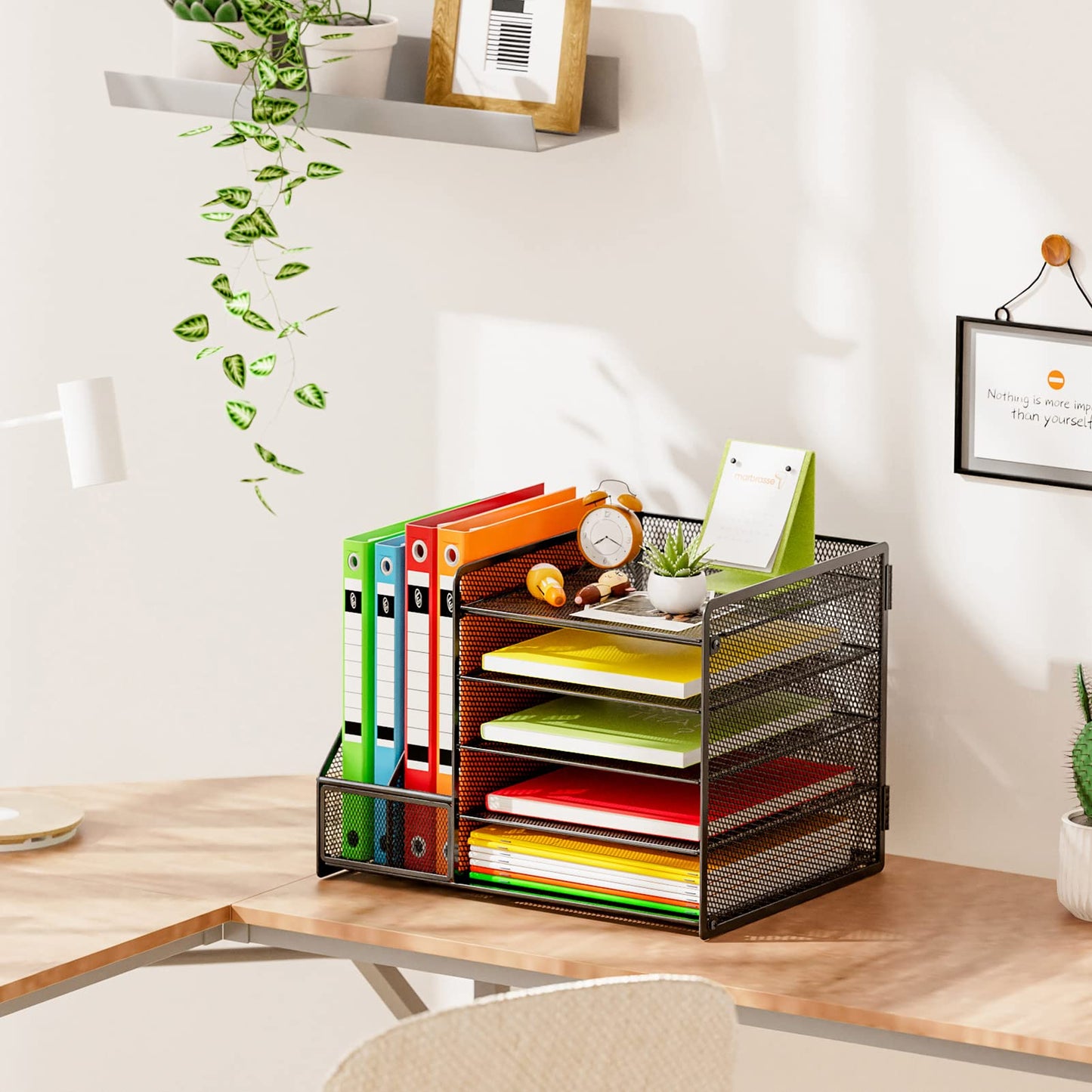 Marbrasse Desk Organizer with File Holder, 5-Tier Paper Letter Tray Organizer with Drawer and 2 Pen Holder, Mesh Desktop Organizer and Storage with Magazine Holder for Office Supplies(Black)