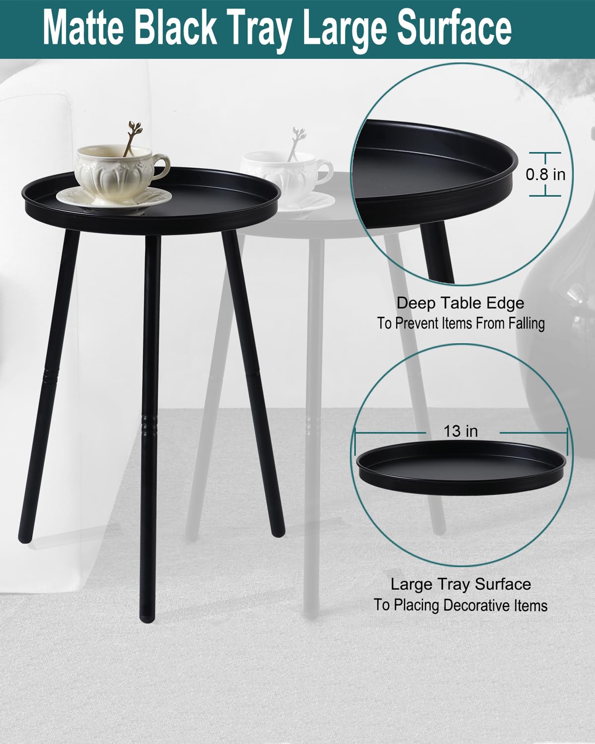 AOJEZOR Side Table: End Table for Indoor Use - Small Side Tables for Small Spaces All Matte Black with 3 Legged