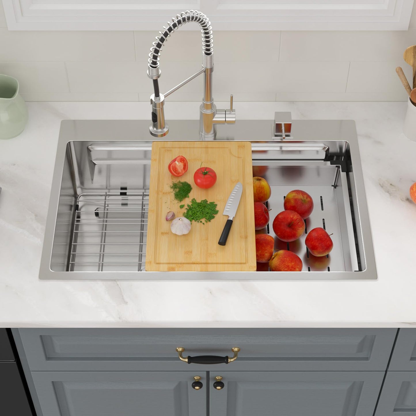 Logmey 33x22 Drop In Kitchen Sink Workstation Black Kitchen Sink SUS304 16 Gauge Stainless Steel Single Bowl Top Mount Gunmetal Black Stainless Steel Sinks
