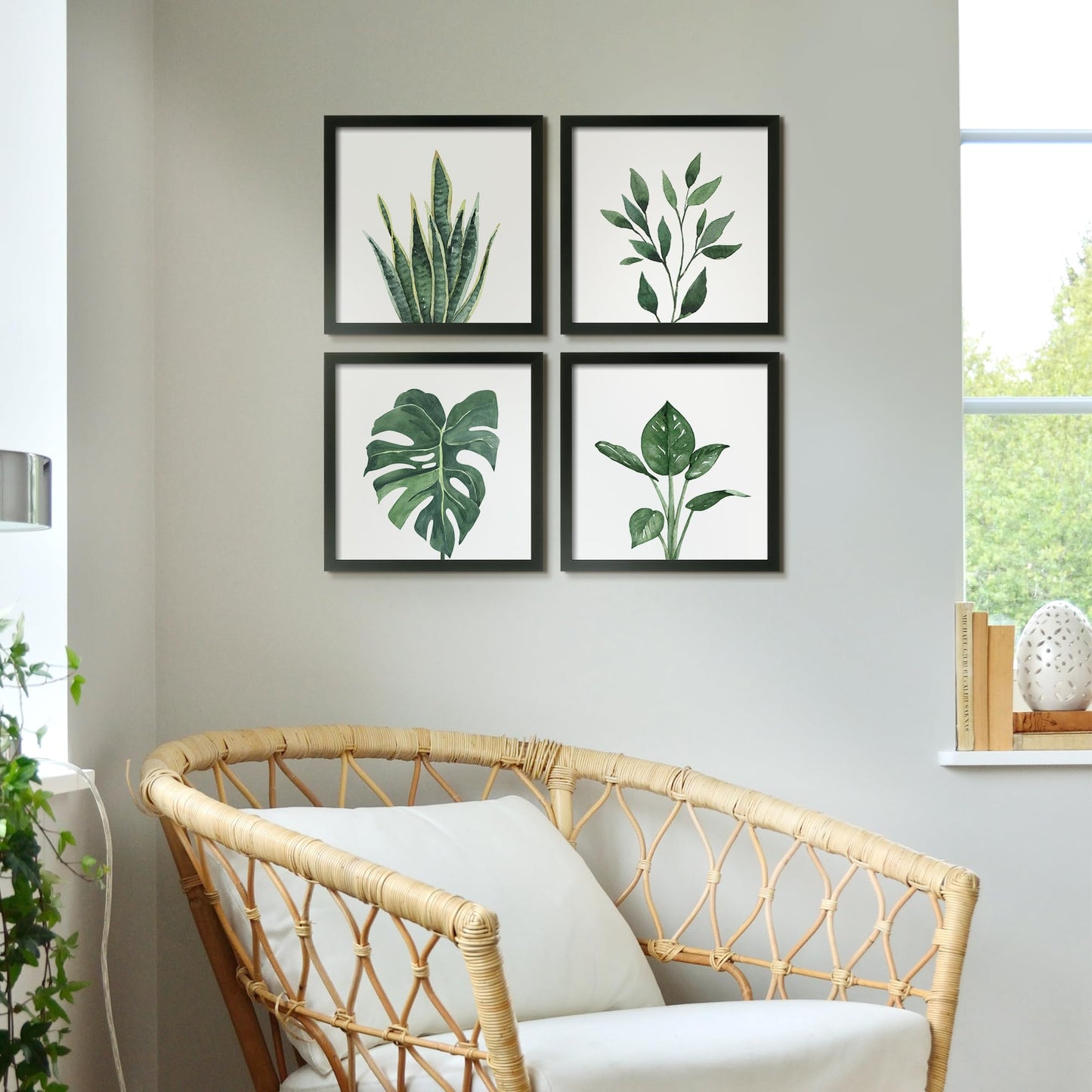 ArtbyHannah Framed Bathroom Wall Decor, 10x10 Inch Botanical Wall Art with Sage Green Plant Print for Wall Decoration, Minimalist Restroom Decor (Walnut)