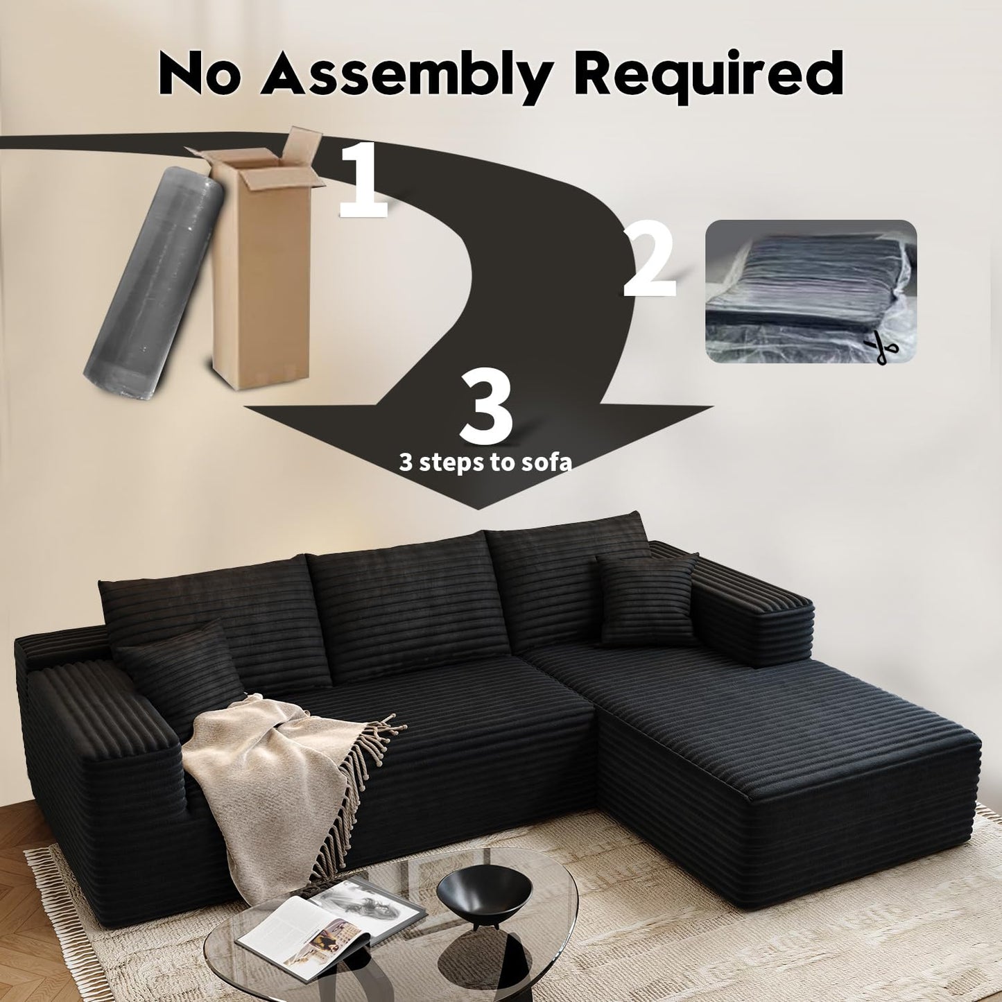 107.5" Cloud Modular Sectional Sofa with 1 Ottoman,Modern Minimalist Upholstered Couches, Comfort U Shaped Sofa for Living Room,Deep Seat Corner Couch,No Assembly Required (Black,Left Facing Chaise)