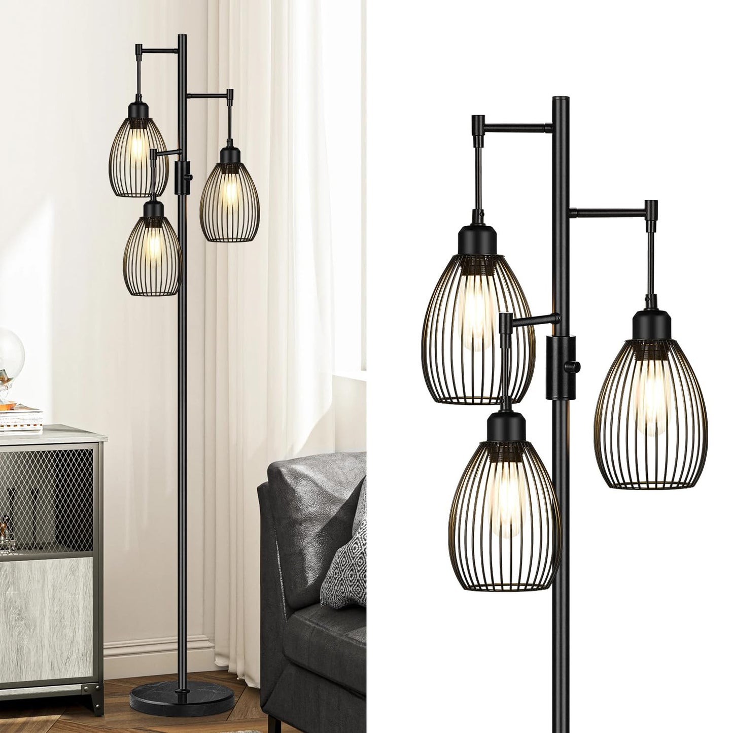 Dimmable Industrial Floor Lamps for Living Room, Gold Tree Standing Tall Lamps with 3 Elegant Teardrop Cage Head & 800 Lumens LED Bulbs