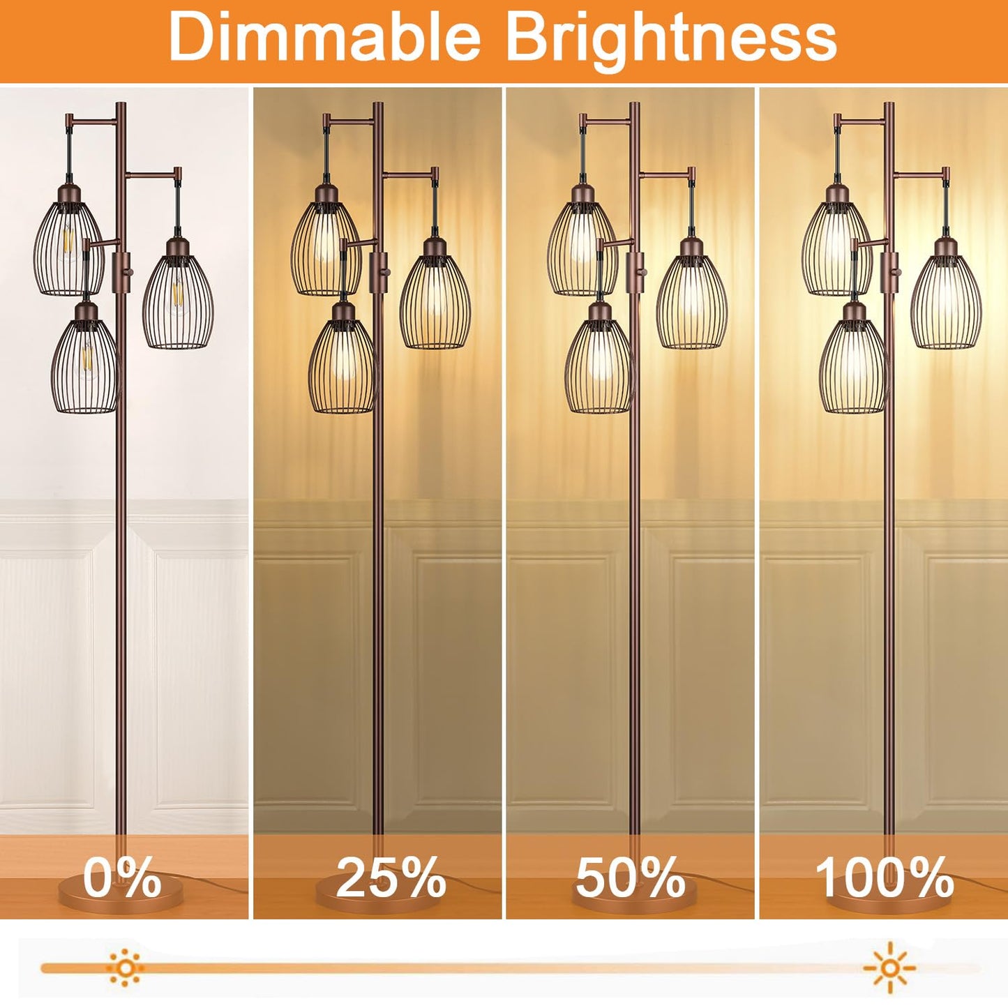 Dimmable Industrial Floor Lamps for Living Room, Gold Tree Standing Tall Lamps with 3 Elegant Teardrop Cage Head & 800 Lumens LED Bulbs
