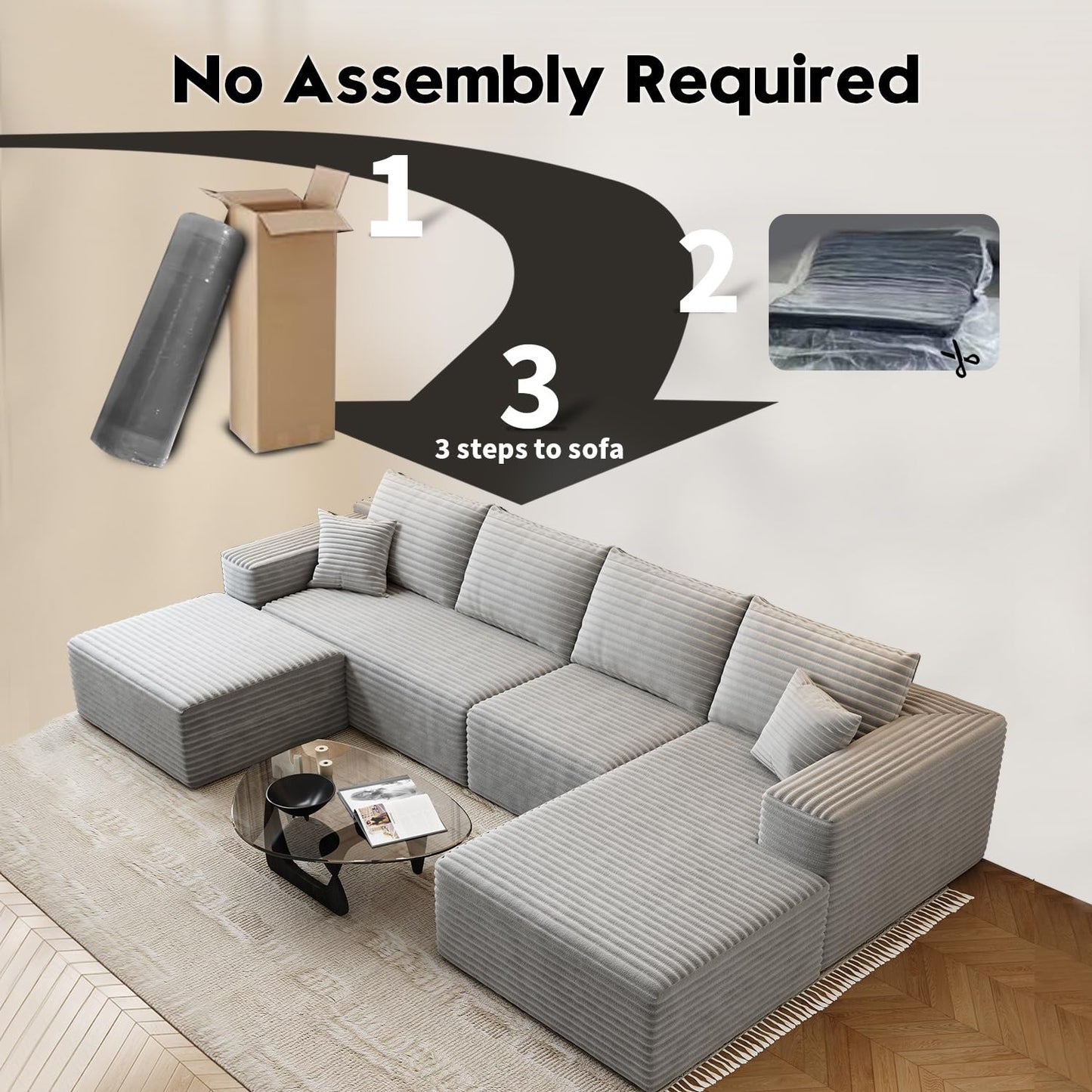 107.5" Cloud Modular Sectional Sofa with 1 Ottoman,Modern Minimalist Upholstered Couches, Comfort U Shaped Sofa for Living Room,Deep Seat Corner Couch,No Assembly Required (Black,Left Facing Chaise)