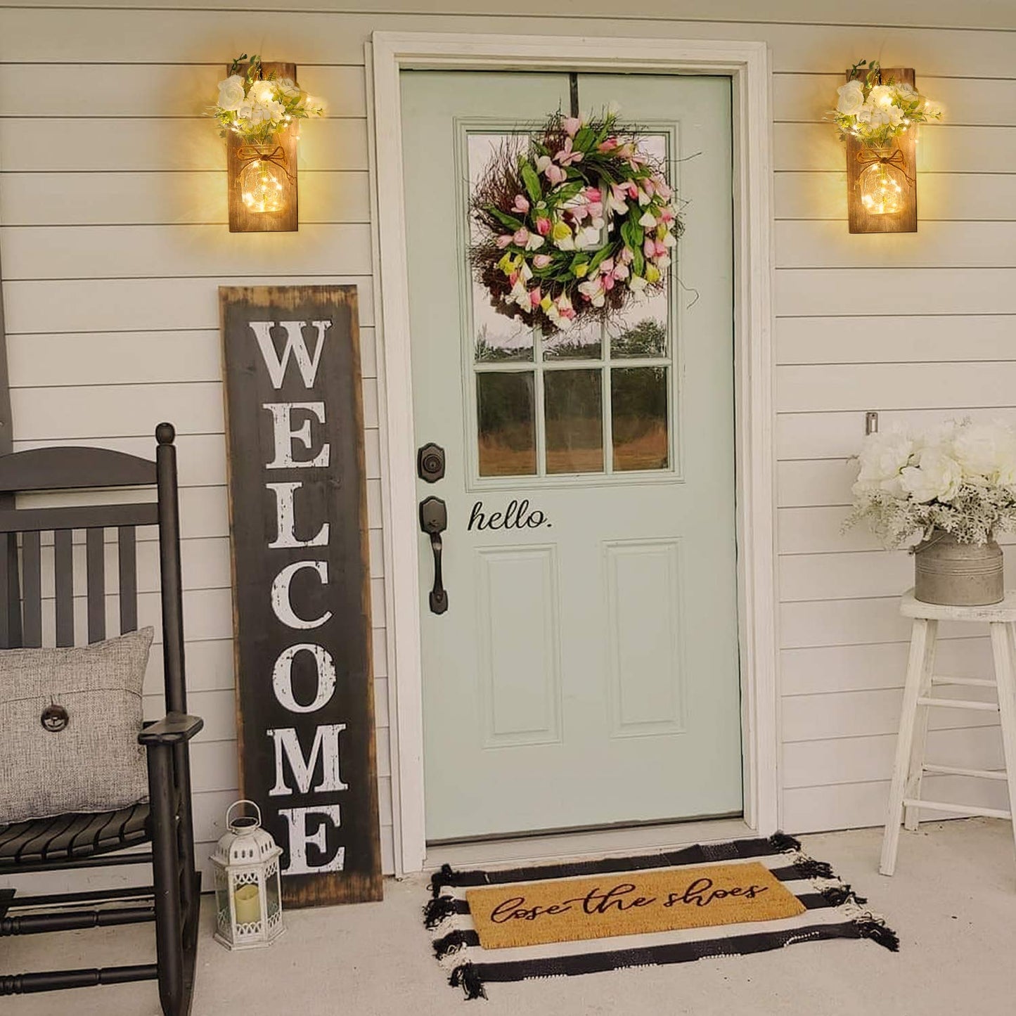 Rustic Wall Sconces Mason Jar Sconces Handmade Wall Art Hanging Design with Remote Control LED Fairy Lights and White Peony,Christmas Decor Gift Farmhouse Wall Home Decor Living Room Lights Set of Two