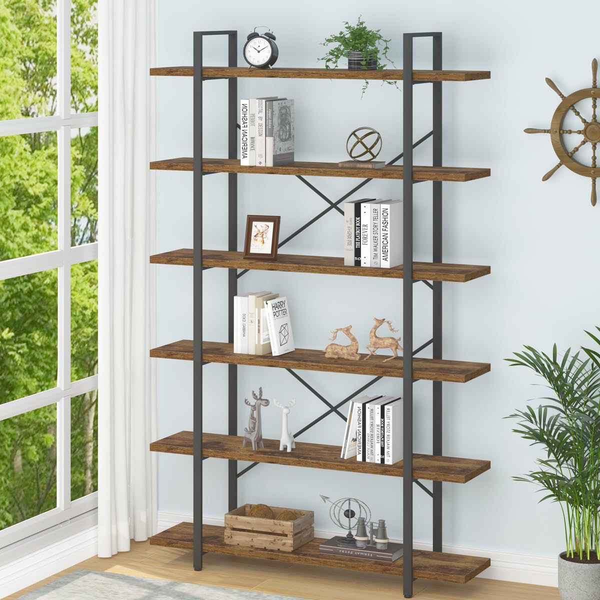 HSH Tall Bookcases and Book Shelves 6 Shelf, Metal Wooden Book Shelf and Storage Rack, Modern Etagere 6 Tier Bookshelf, Farmhouse Large Display Bookshelves for Bedroom Living Room Office, Rustic Oak
