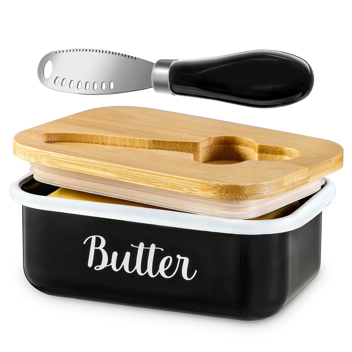 Butter Dish with Lid and Butter Curler Knife - Unbreakable Stainless Steel Keeper Container with Double Silicone Sealing, for Kitchen Farmhouse Decor