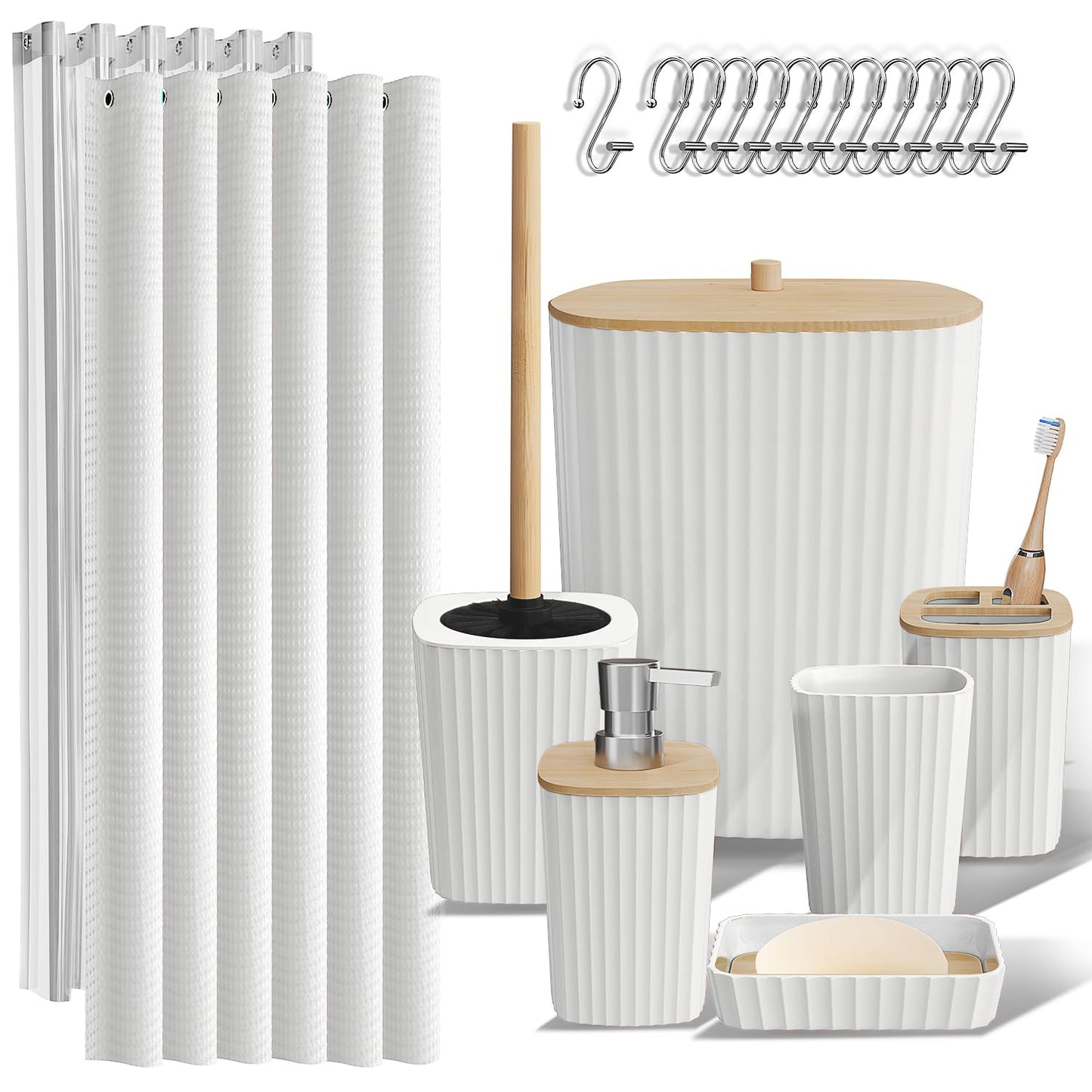 Clara Clark Bathroom Accessories Set - Bathroom Set, 20PC Bathroom Accessory Set, Black Shower Curtain Set, Toilet Brush, Trash Can & Soap Dispenser