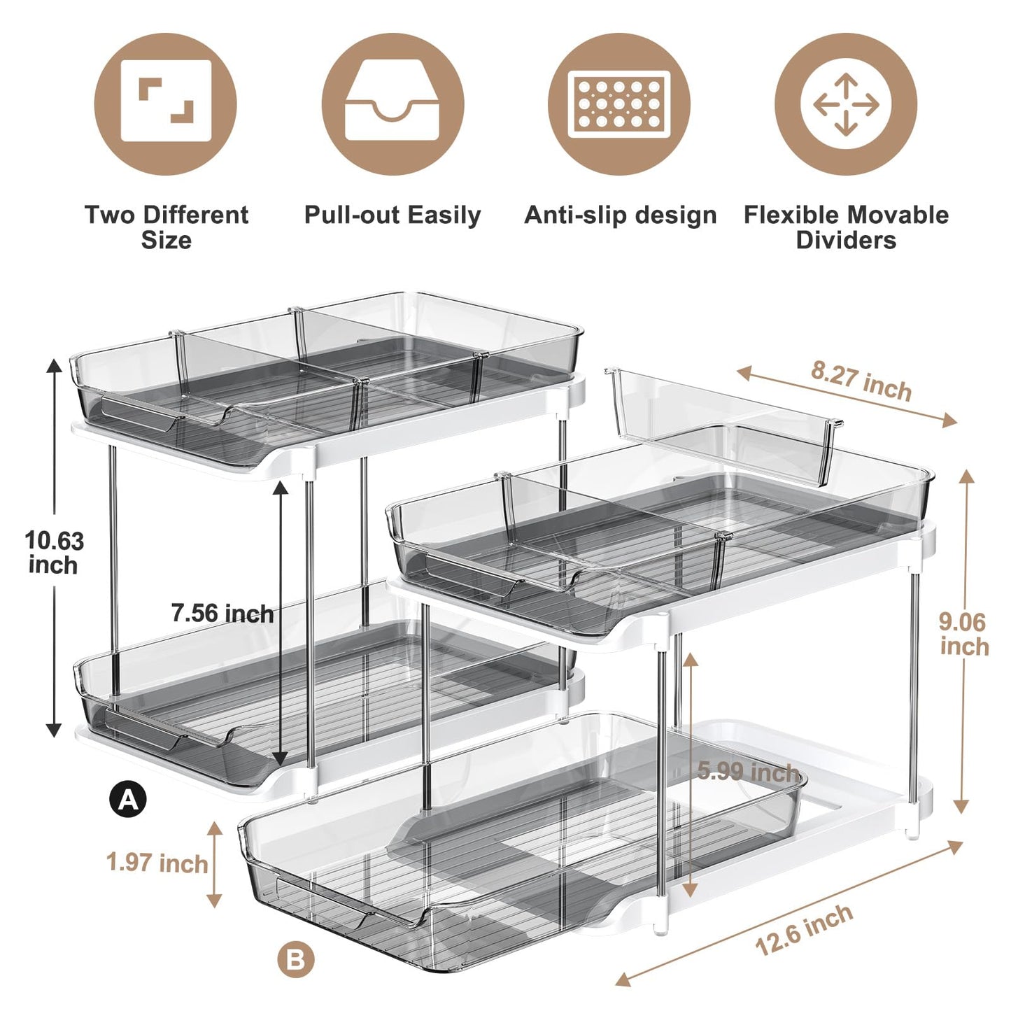 Delamu 2 Sets of 2-Tier Multi-Purpose Bathroom Under Sink Organizers and Storage, Stackable Kitchen Pantry Organization