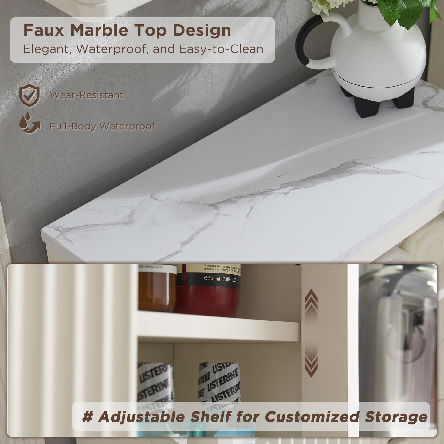 RedLemon Bathroom Wall Cabinet w/Fluted Sliding Door, Modern Medicine Cabinet w/Faux Marble Top & Adjustable Shelf, Curved Profile Wall Mounted Storage Organizer, Natural Oak Color