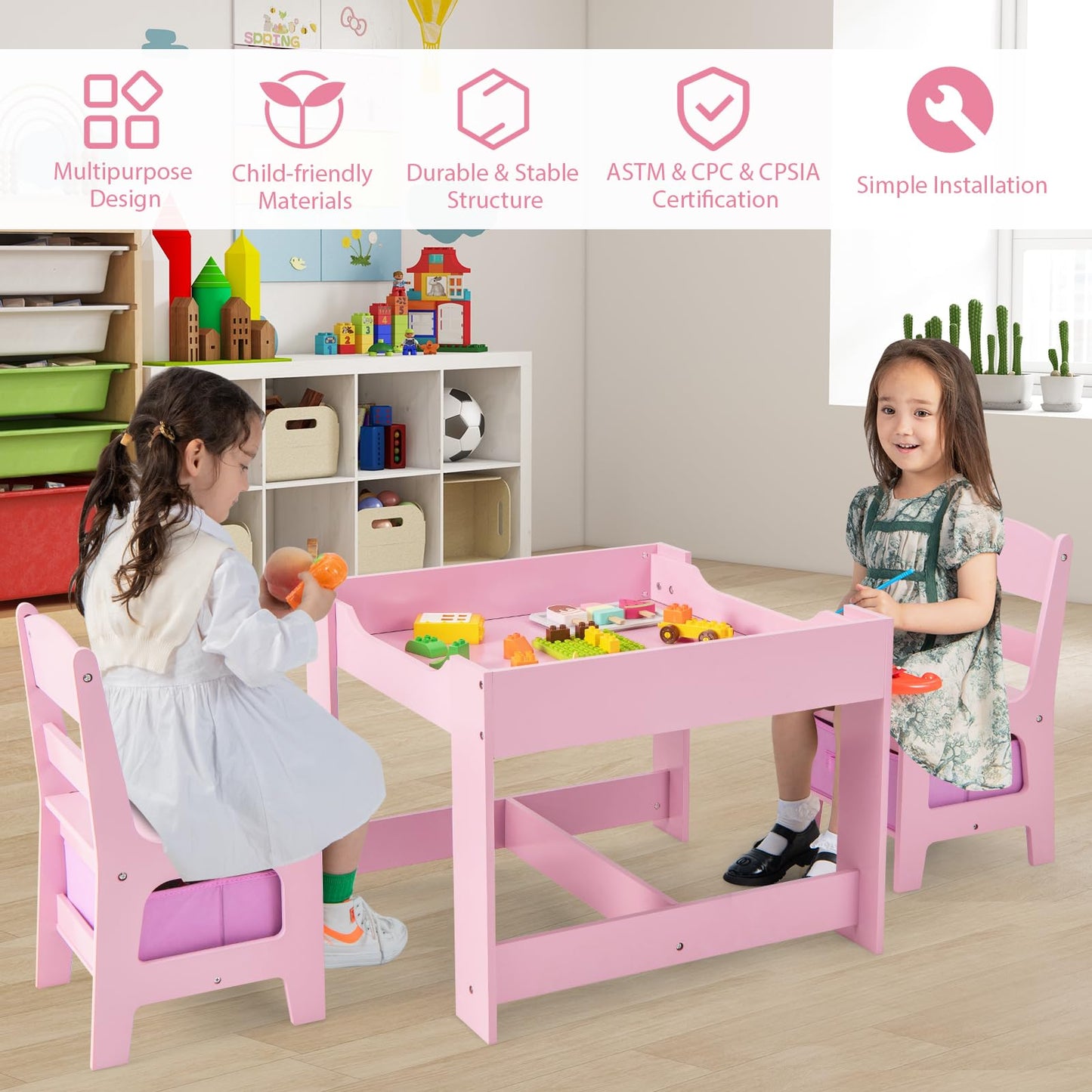 Costzon Kids Table and Chairs, 4 in 1 Wooden Activity Desk Set w/Reversible Tabletop, Bookshelves & Storage Drawers for Drawing, Reading, Crafts, Playing, Toddler Table and Chair Set
