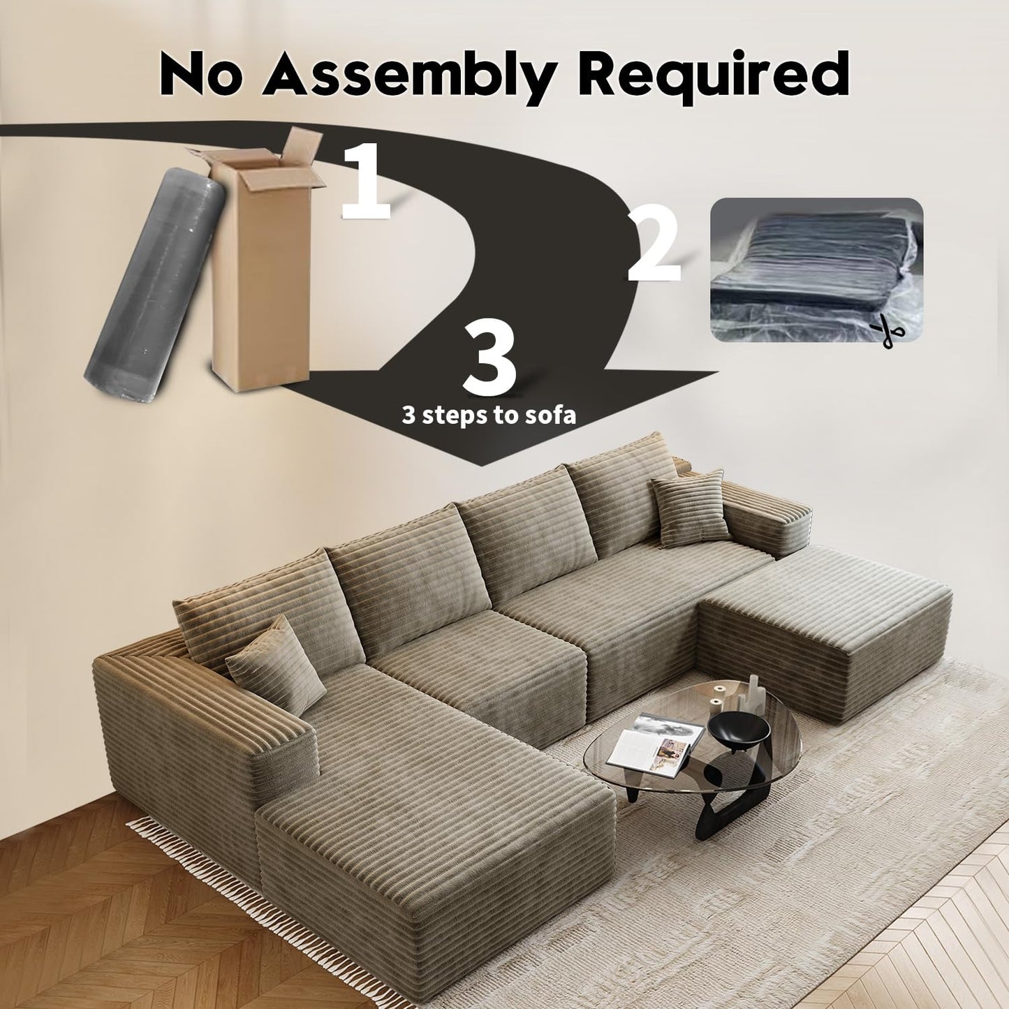 107.5" Cloud Modular Sectional Sofa with 1 Ottoman,Modern Minimalist Upholstered Couches, Comfort U Shaped Sofa for Living Room,Deep Seat Corner Couch,No Assembly Required (Black,Left Facing Chaise)