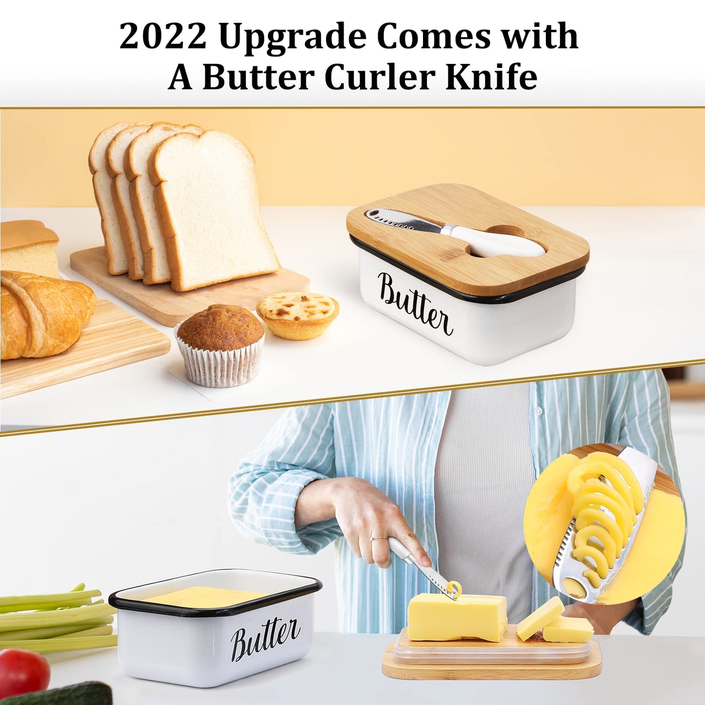 Butter Dish with Lid and Butter Curler Knife - Unbreakable Stainless Steel Keeper Container with Double Silicone Sealing, for Kitchen Farmhouse Decor