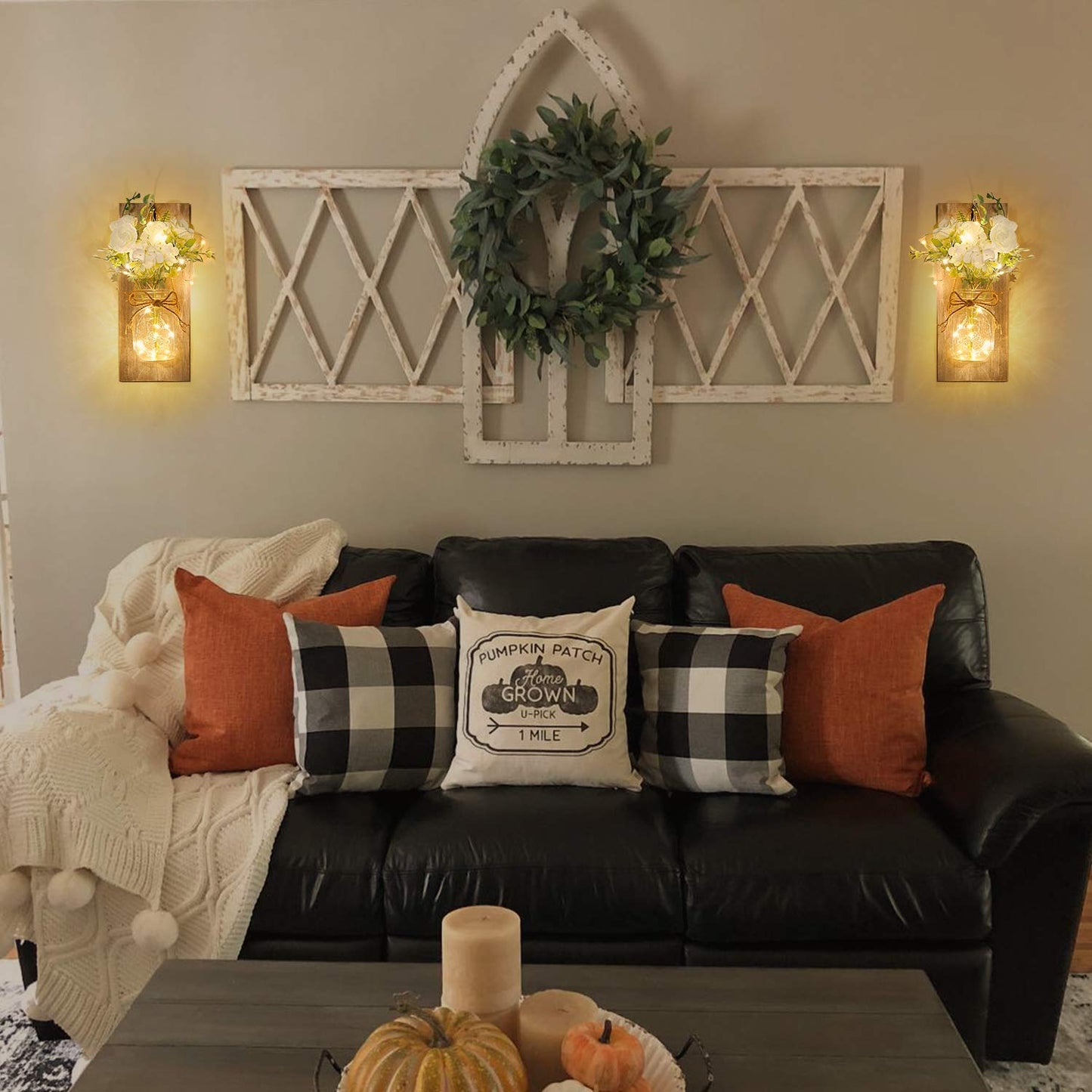 Rustic Wall Sconces Mason Jar Sconces Handmade Wall Art Hanging Design with Remote Control LED Fairy Lights and White Peony,Christmas Decor Gift Farmhouse Wall Home Decor Living Room Lights Set of Two