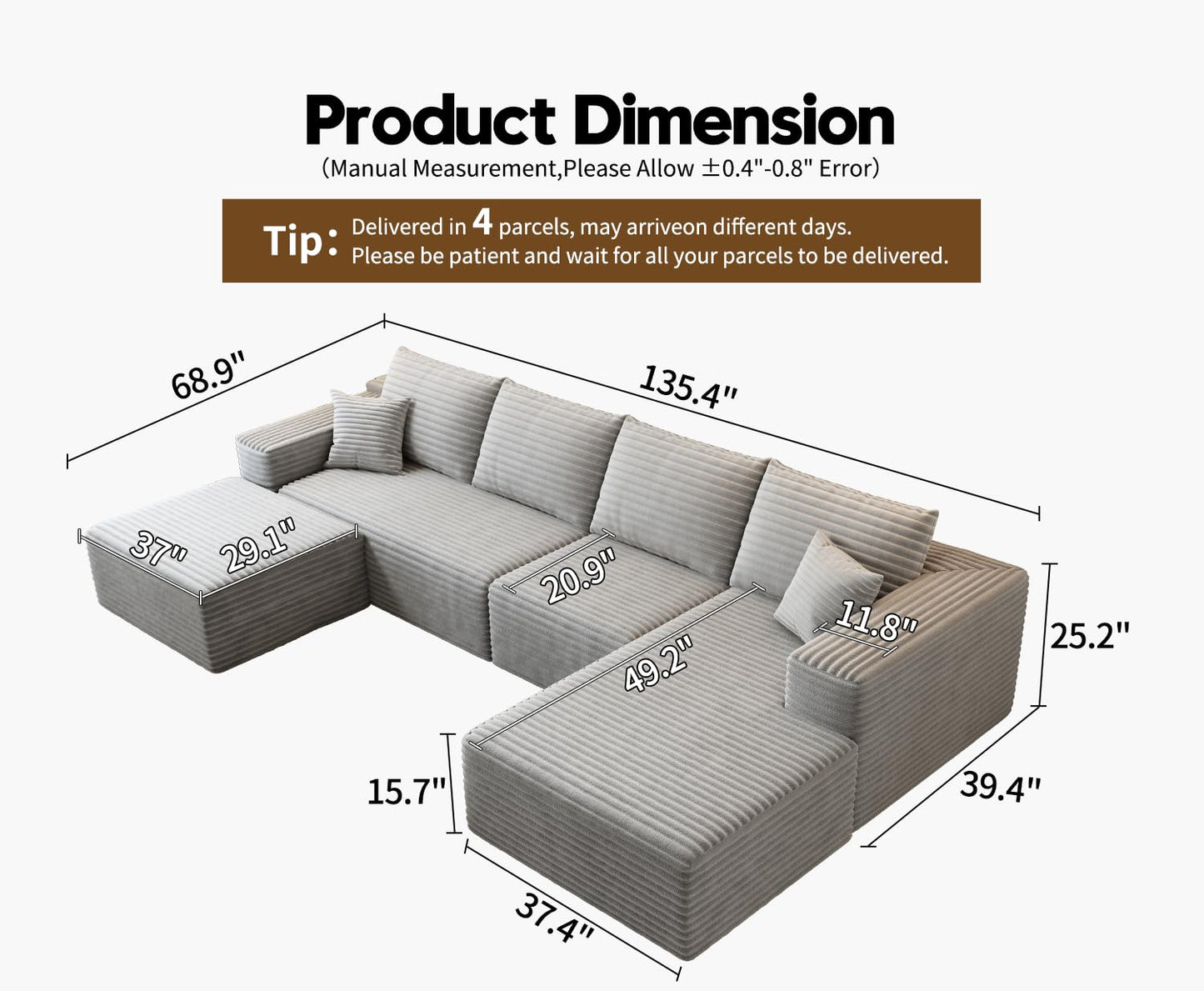 107.5" Cloud Modular Sectional Sofa with 1 Ottoman,Modern Minimalist Upholstered Couches, Comfort U Shaped Sofa for Living Room,Deep Seat Corner Couch,No Assembly Required (Black,Left Facing Chaise)