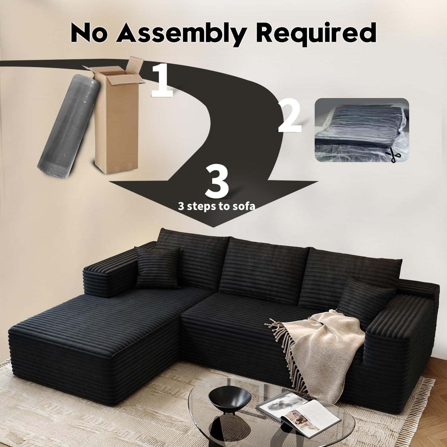 107.5" Cloud Modular Sectional Sofa with 1 Ottoman,Modern Minimalist Upholstered Couches, Comfort U Shaped Sofa for Living Room,Deep Seat Corner Couch,No Assembly Required (Black,Left Facing Chaise)