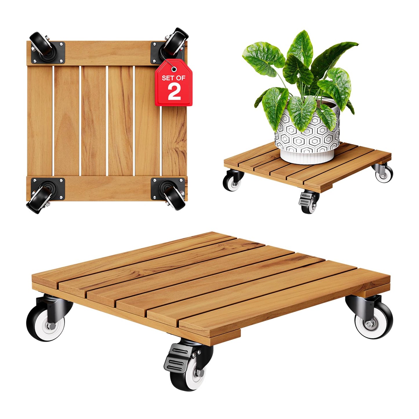 2pack Wood Plant Caddy With Wheels Heavy Duty Red Brown, 264 Lbs Capacity, 12 Inch Acacia Hardwood Plant Dolly, Plant Stand with 360° Lockable Wheels for Plant Pots, Heavy Objects Hauling