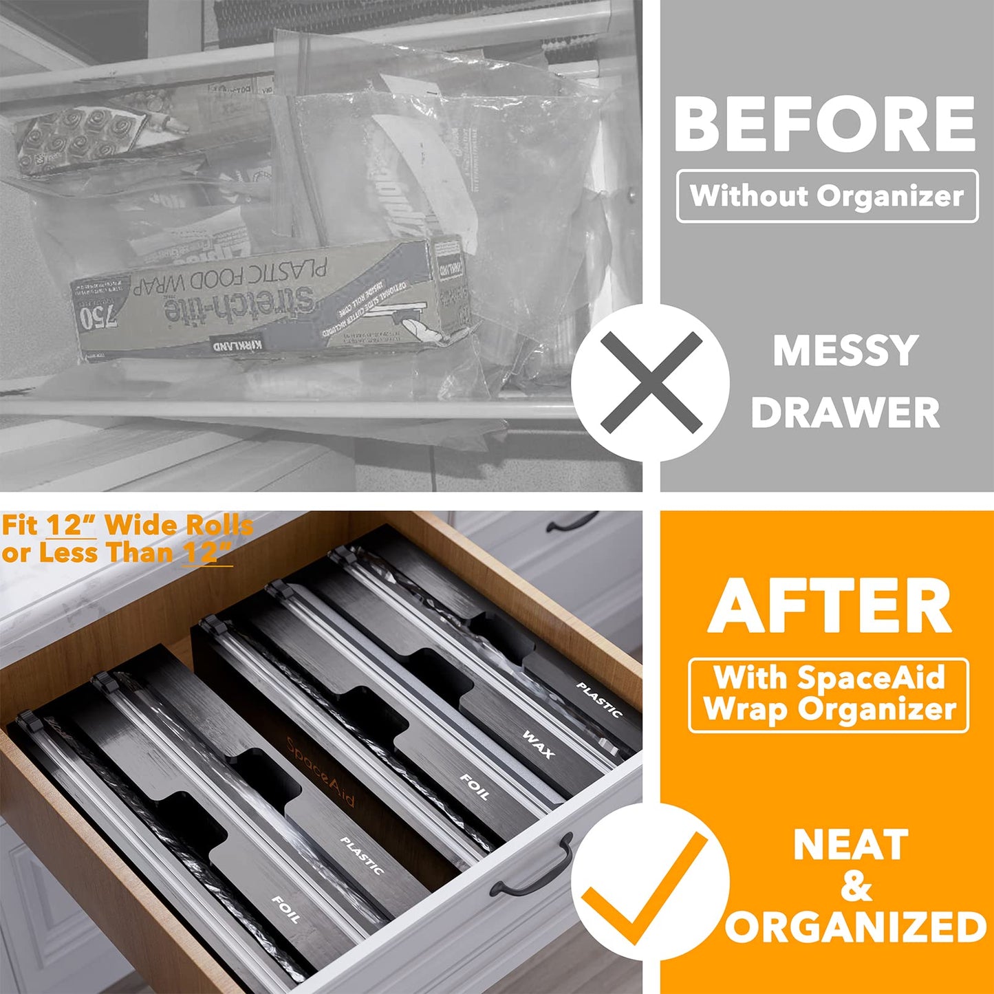 SpaceAid WrapNeat 3 in 1 Wrap Organizer with Cutter and Labels, Plastic Wrap, Aluminum Foil and Wax Bamboo Dispenser for Kitchen Storage Organization Holder for 12" Roll (Natural)