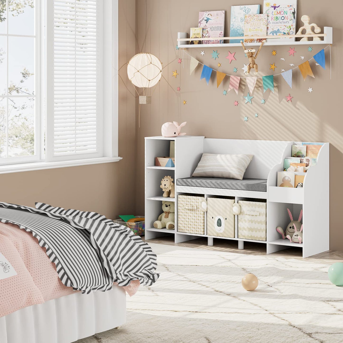 HOUSUIT 55" Kids Bookshelf with Reading Nook, Bookcase with Seat Cushion and Storage Cubbies, Kids Reading Nook with Adjustable Shelf, Toy Organizers and Storage with Bench for Playroom, White