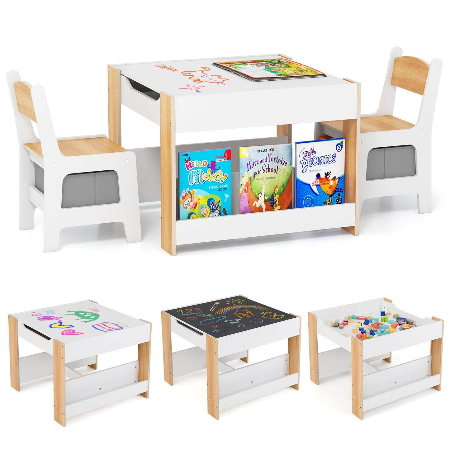 Costzon Kids Table and Chairs, 4 in 1 Wooden Activity Desk Set w/Reversible Tabletop, Bookshelves & Storage Drawers for Drawing, Reading, Crafts, Playing, Toddler Table and Chair Set